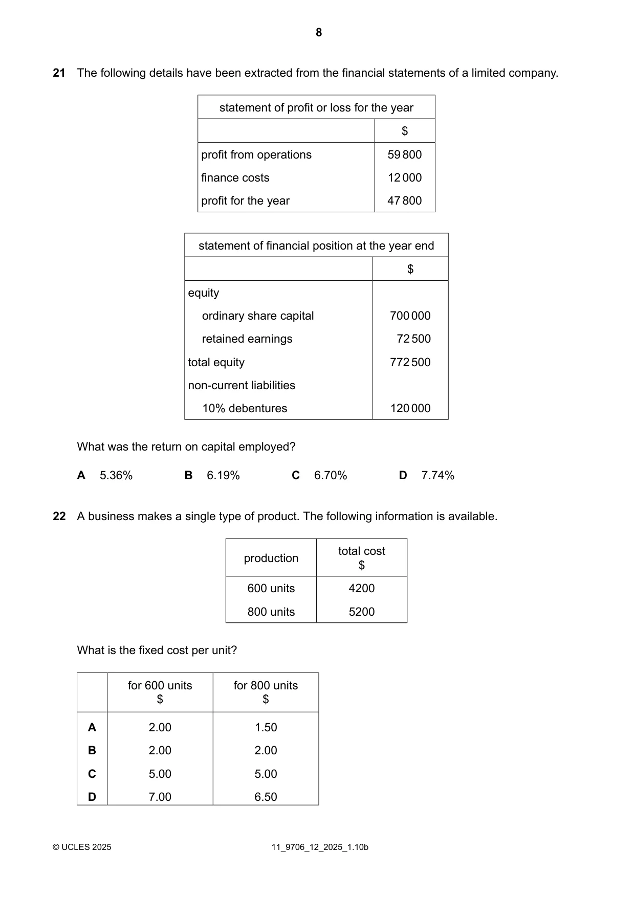 Cambridge A Level Accounting 9706 2025 Oct/Nov Paper 1 · Variant 2 question paper, page 8 of 12