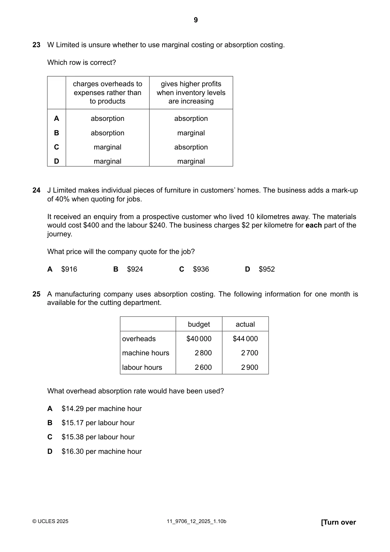 Cambridge A Level Accounting 9706 2025 Oct/Nov Paper 1 · Variant 2 question paper, page 9 of 12