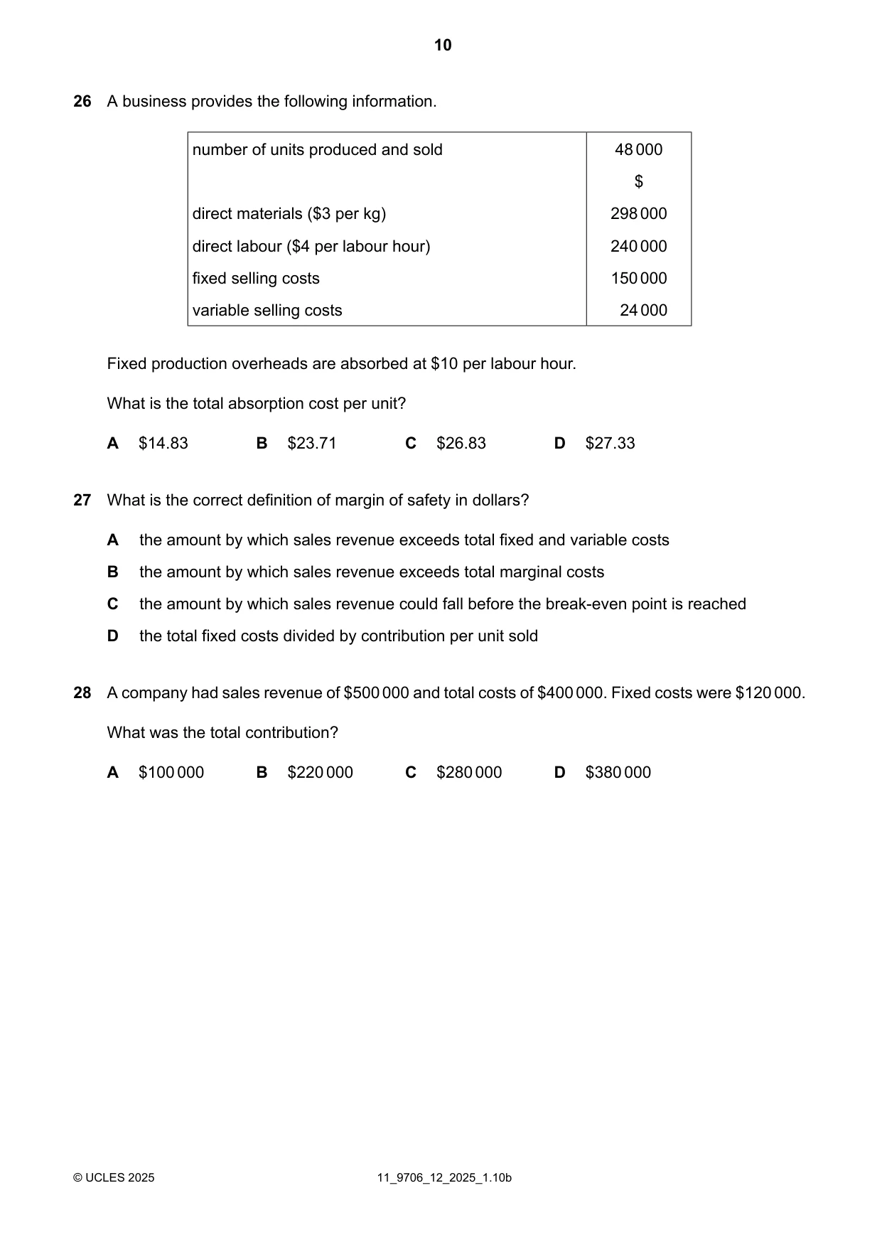 Cambridge A Level Accounting 9706 2025 Oct/Nov Paper 1 · Variant 2 question paper, page 10 of 12