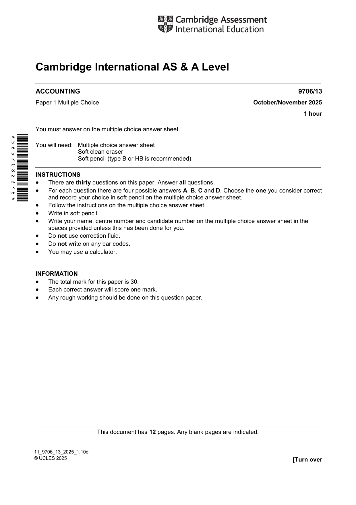 Cambridge A Level Accounting 9706 2025 Oct/Nov Paper 1 · Variant 3 question paper, page 1 of 12