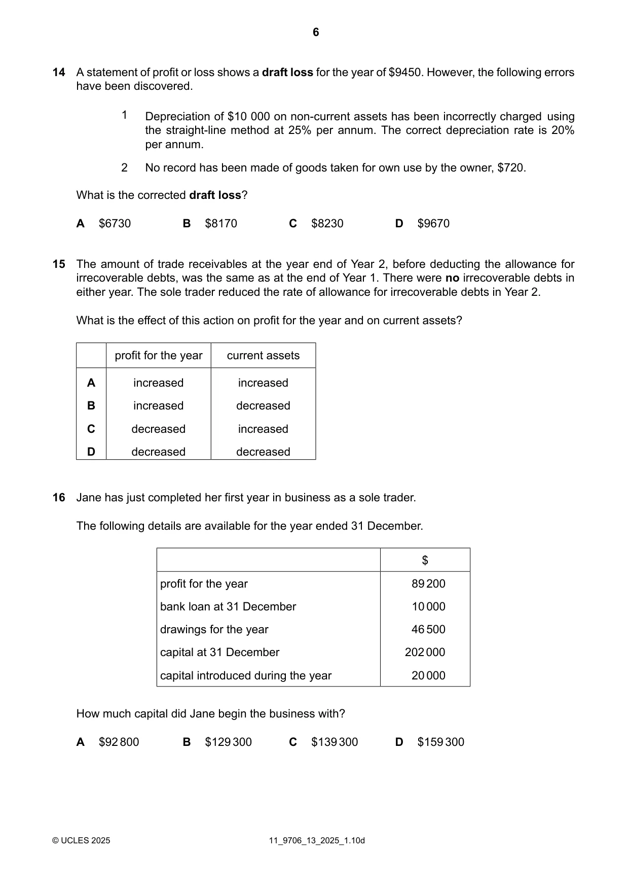 Cambridge A Level Accounting 9706 2025 Oct/Nov Paper 1 · Variant 3 question paper, page 6 of 12