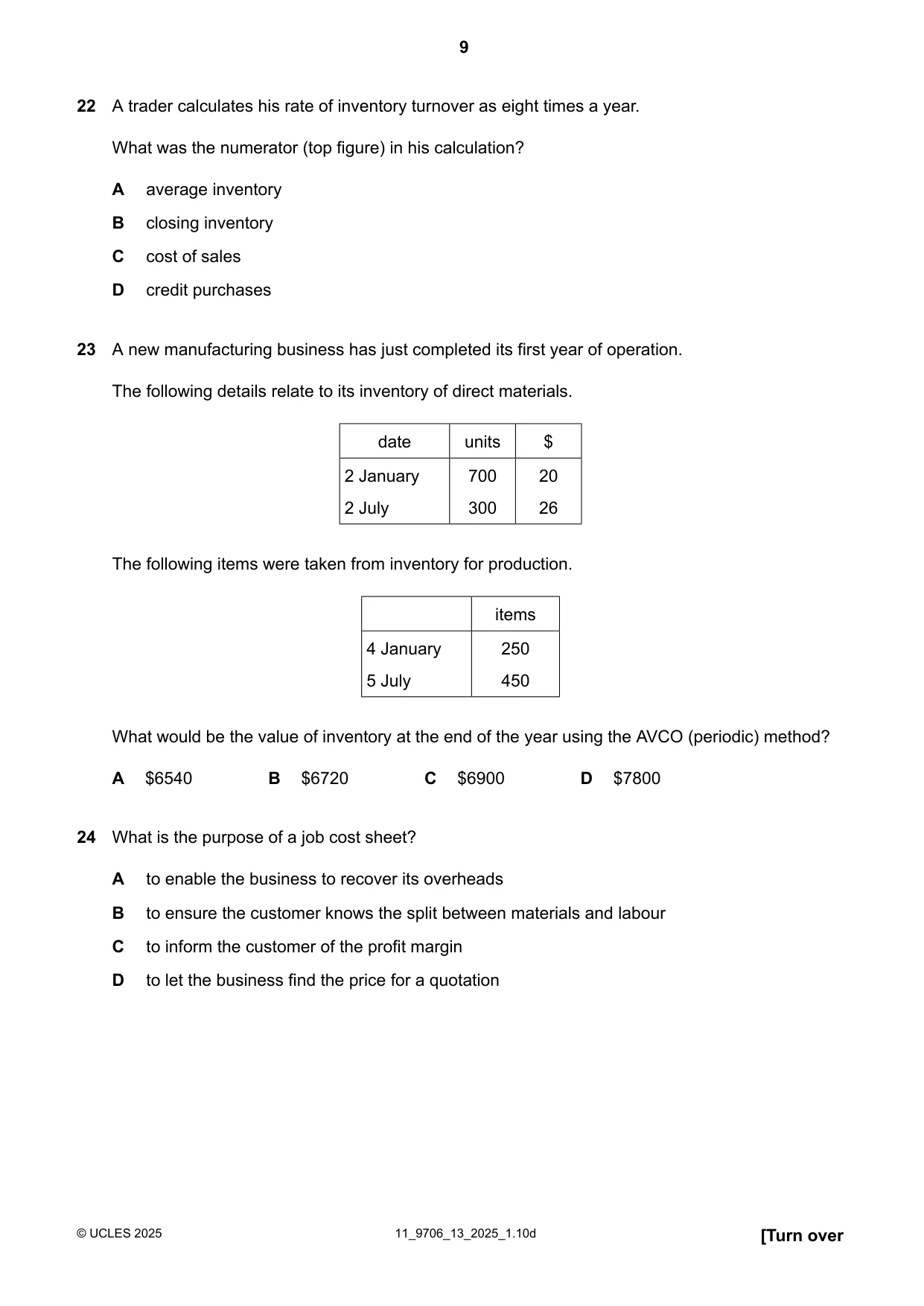 Cambridge A Level Accounting 9706 2025 Oct/Nov Paper 1 · Variant 3 question paper, page 9 of 12