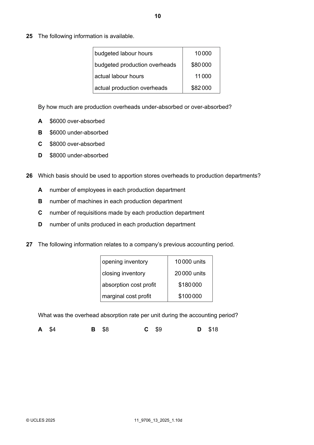 Cambridge A Level Accounting 9706 2025 Oct/Nov Paper 1 · Variant 3 question paper, page 10 of 12