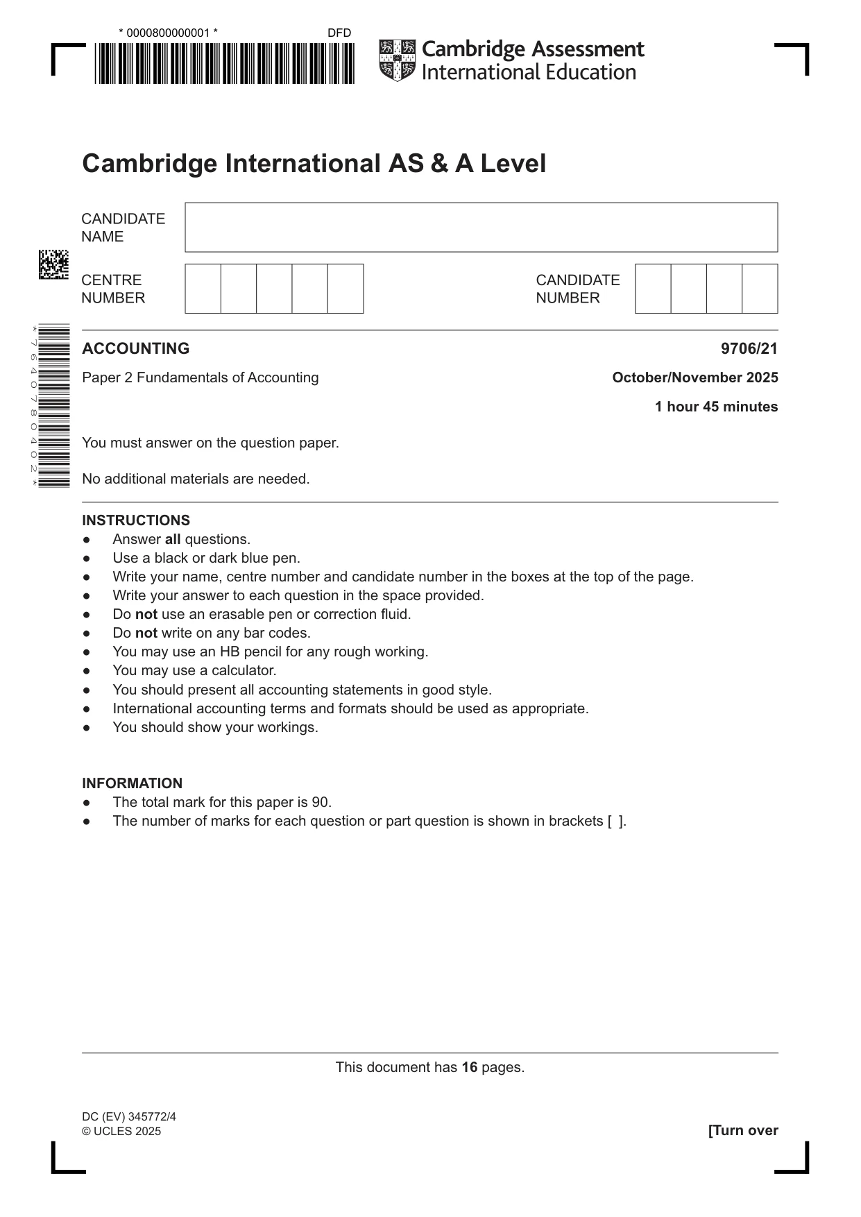 Cambridge A Level Accounting 9706 2025 Oct/Nov Paper 2 · Variant 1 question paper, page 1 of 16