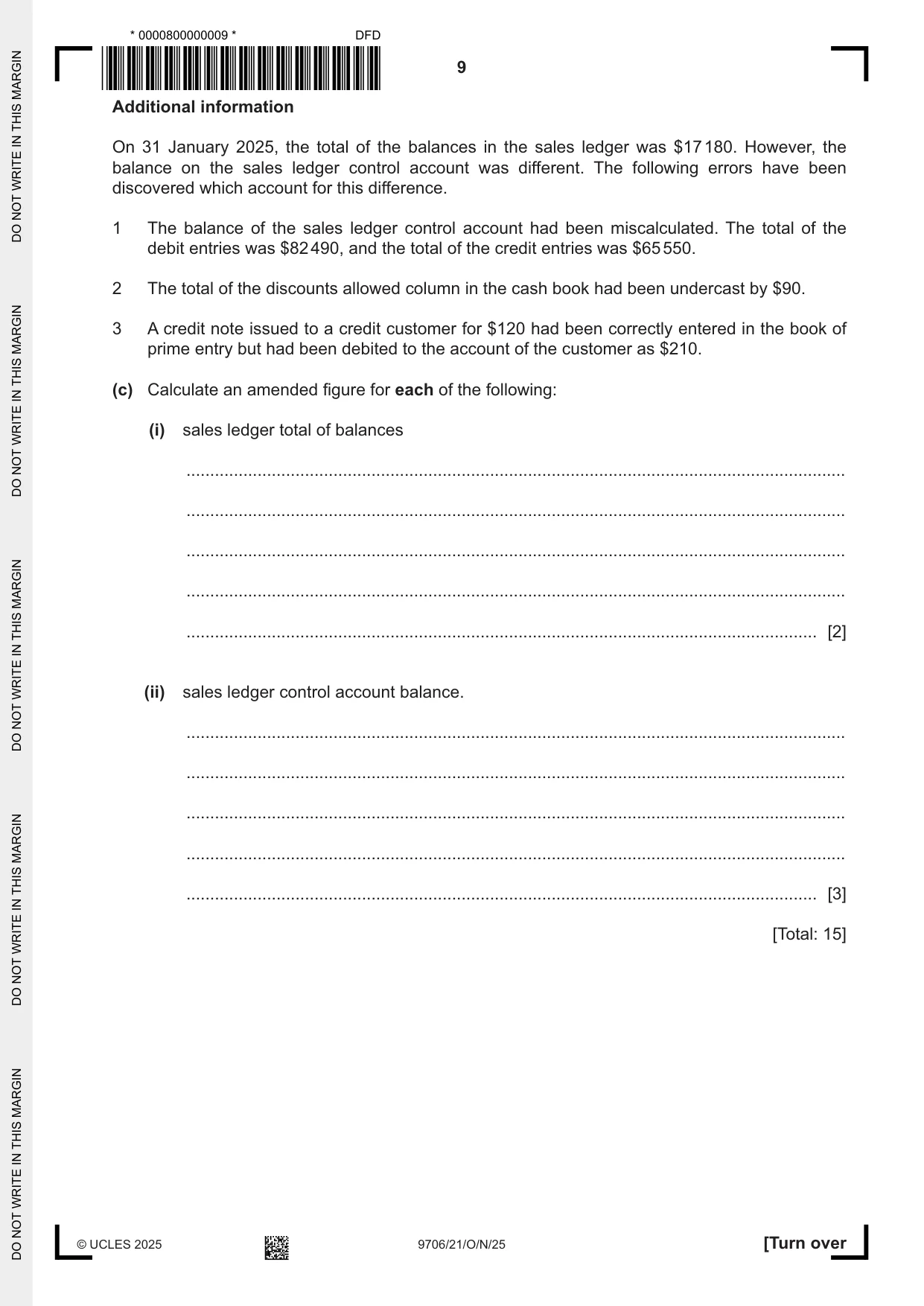 Cambridge A Level Accounting 9706 2025 Oct/Nov Paper 2 · Variant 1 question paper, page 9 of 16
