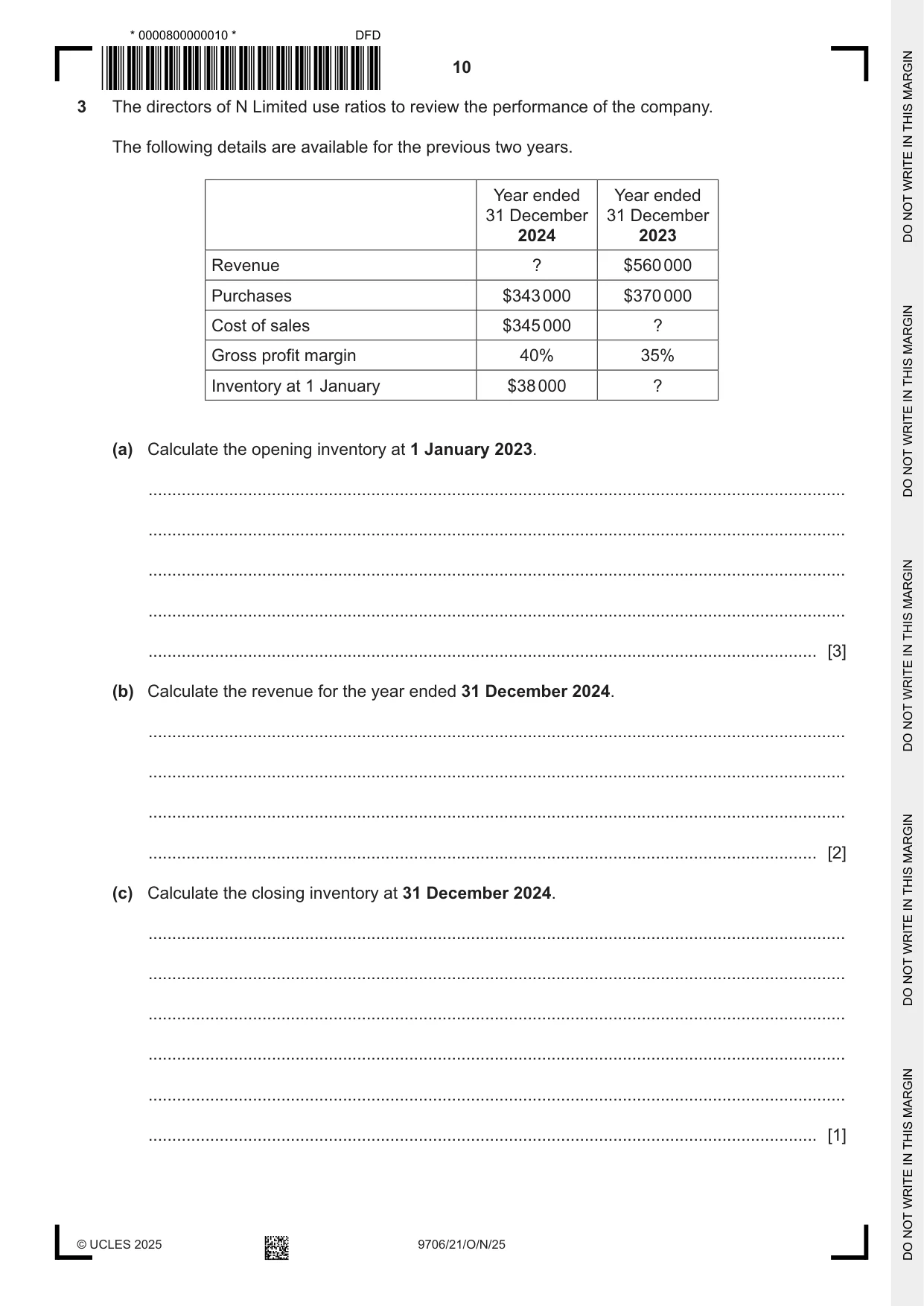 Cambridge A Level Accounting 9706 2025 Oct/Nov Paper 2 · Variant 1 question paper, page 10 of 16