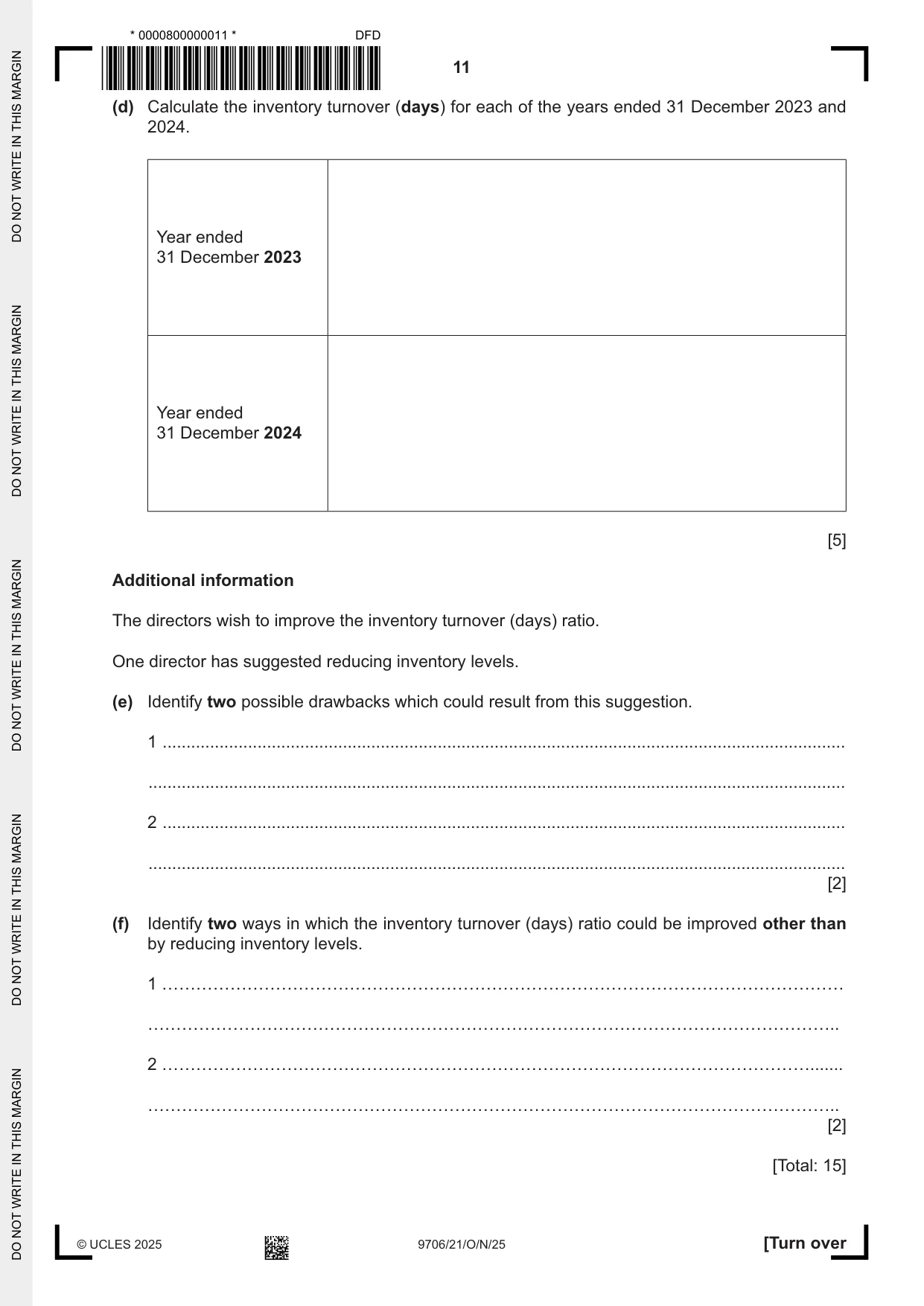 Cambridge A Level Accounting 9706 2025 Oct/Nov Paper 2 · Variant 1 question paper, page 11 of 16