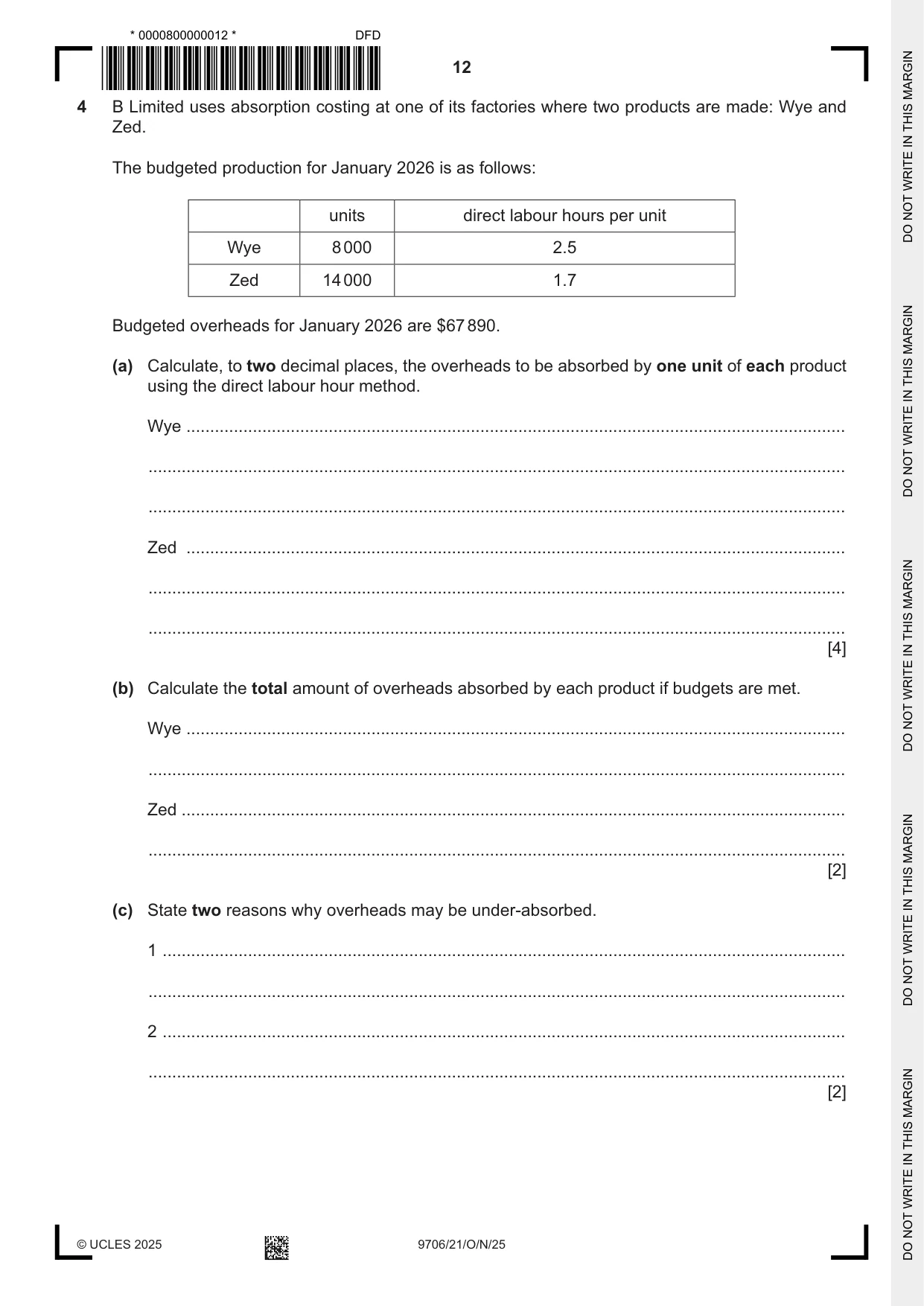 Cambridge A Level Accounting 9706 2025 Oct/Nov Paper 2 · Variant 1 question paper, page 12 of 16