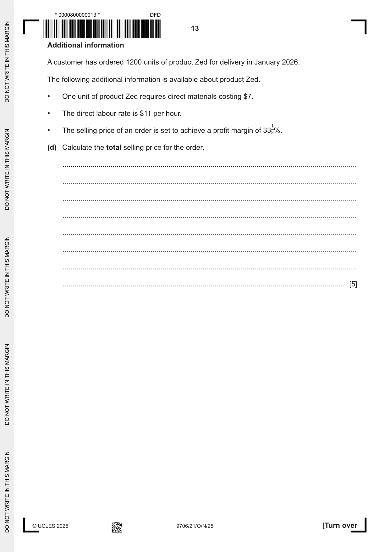 Cambridge A Level Accounting 9706 2025 Oct/Nov Paper 2 · Variant 1 question paper, page 13 of 16