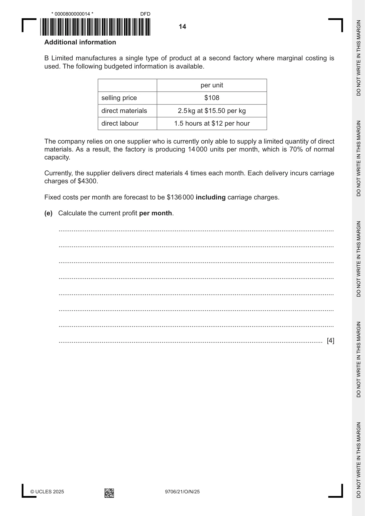 Cambridge A Level Accounting 9706 2025 Oct/Nov Paper 2 · Variant 1 question paper, page 14 of 16