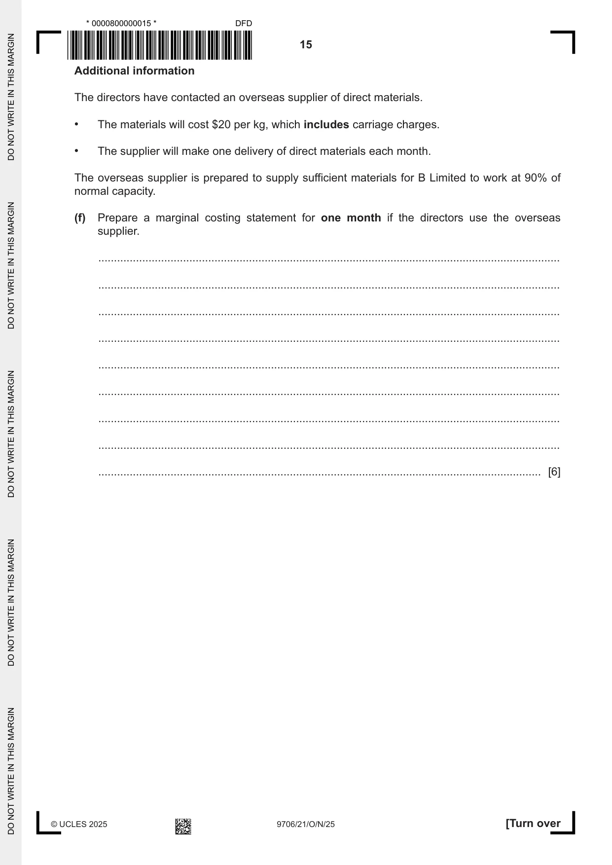 Cambridge A Level Accounting 9706 2025 Oct/Nov Paper 2 · Variant 1 question paper, page 15 of 16