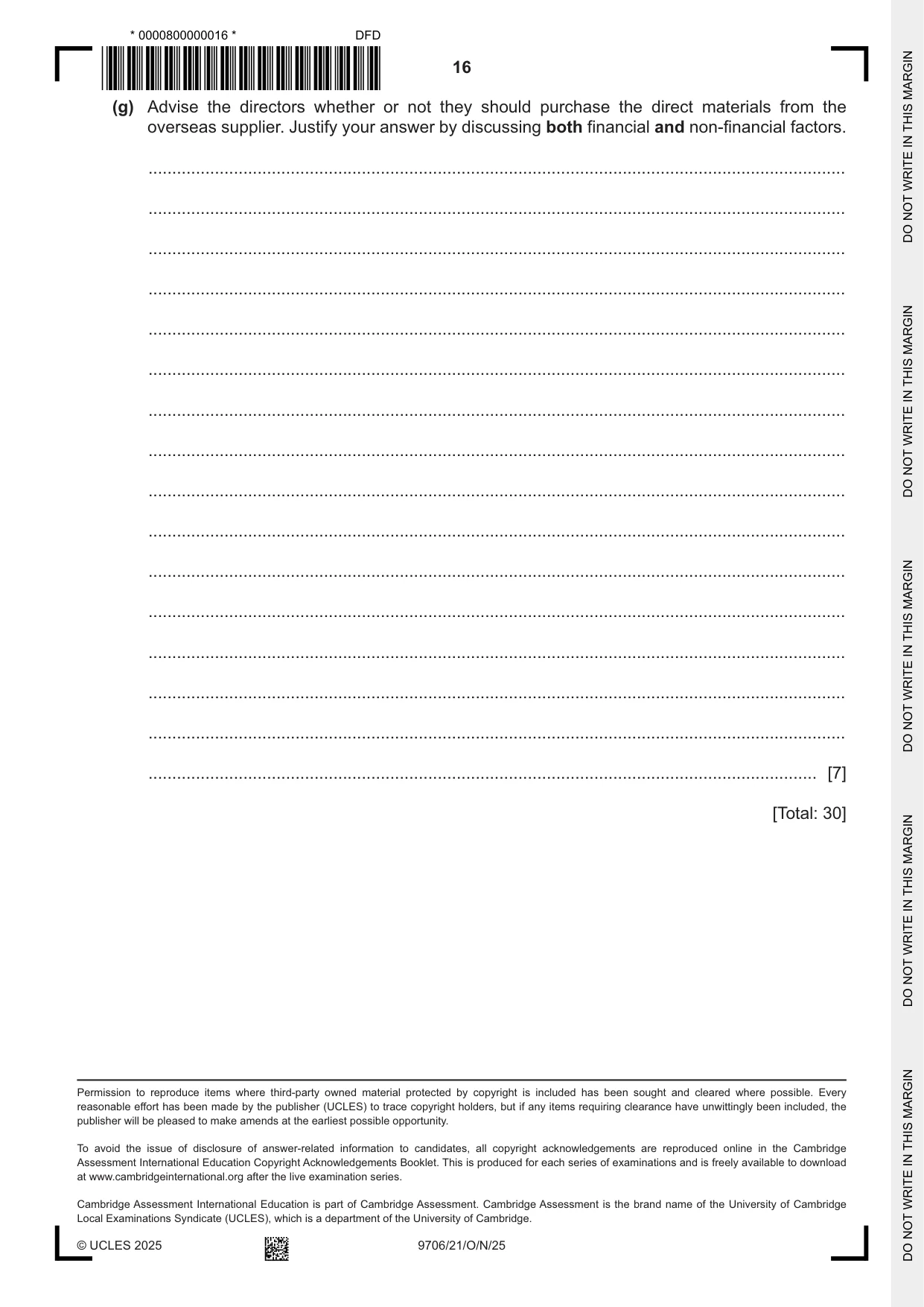 Cambridge A Level Accounting 9706 2025 Oct/Nov Paper 2 · Variant 1 question paper, page 16 of 16