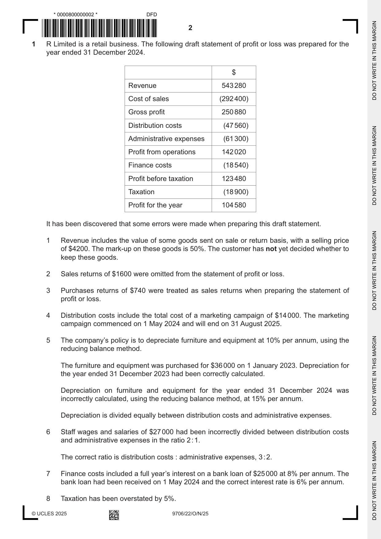 Cambridge A Level Accounting 9706 2025 Oct/Nov Paper 2 · Variant 2 question paper, page 2 of 20