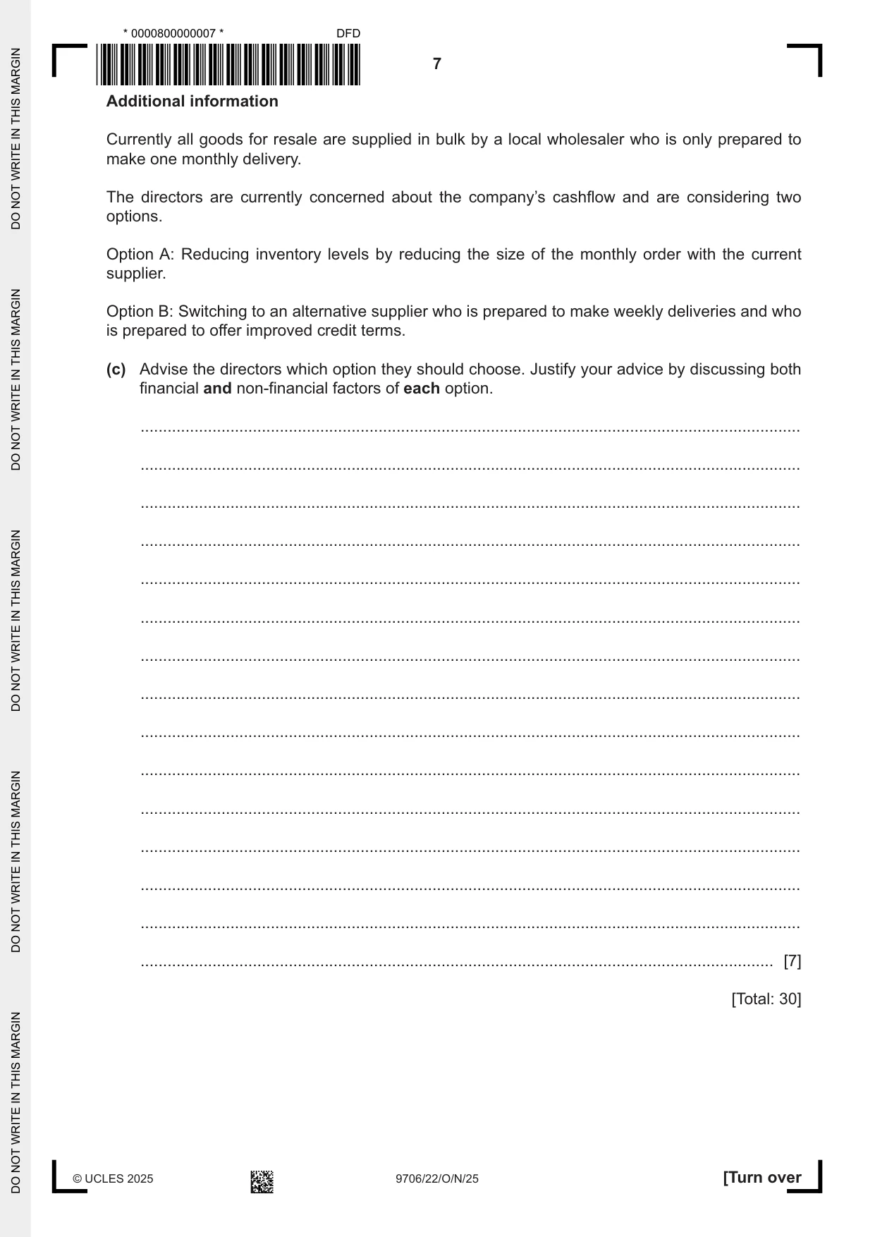 Cambridge A Level Accounting 9706 2025 Oct/Nov Paper 2 · Variant 2 question paper, page 7 of 20