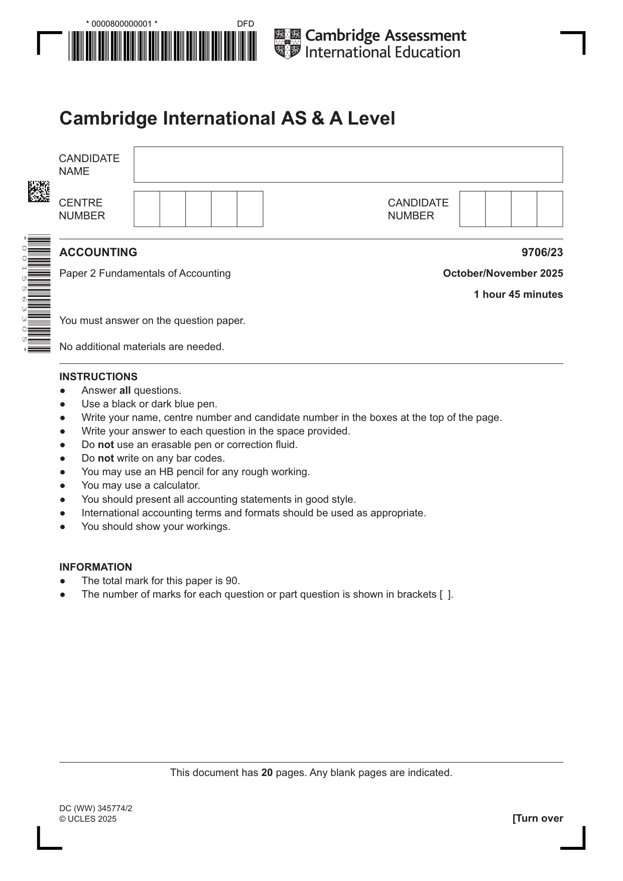 Cambridge A Level Accounting 9706 2025 Oct/Nov Paper 2 · Variant 3 question paper, page 1 of 20