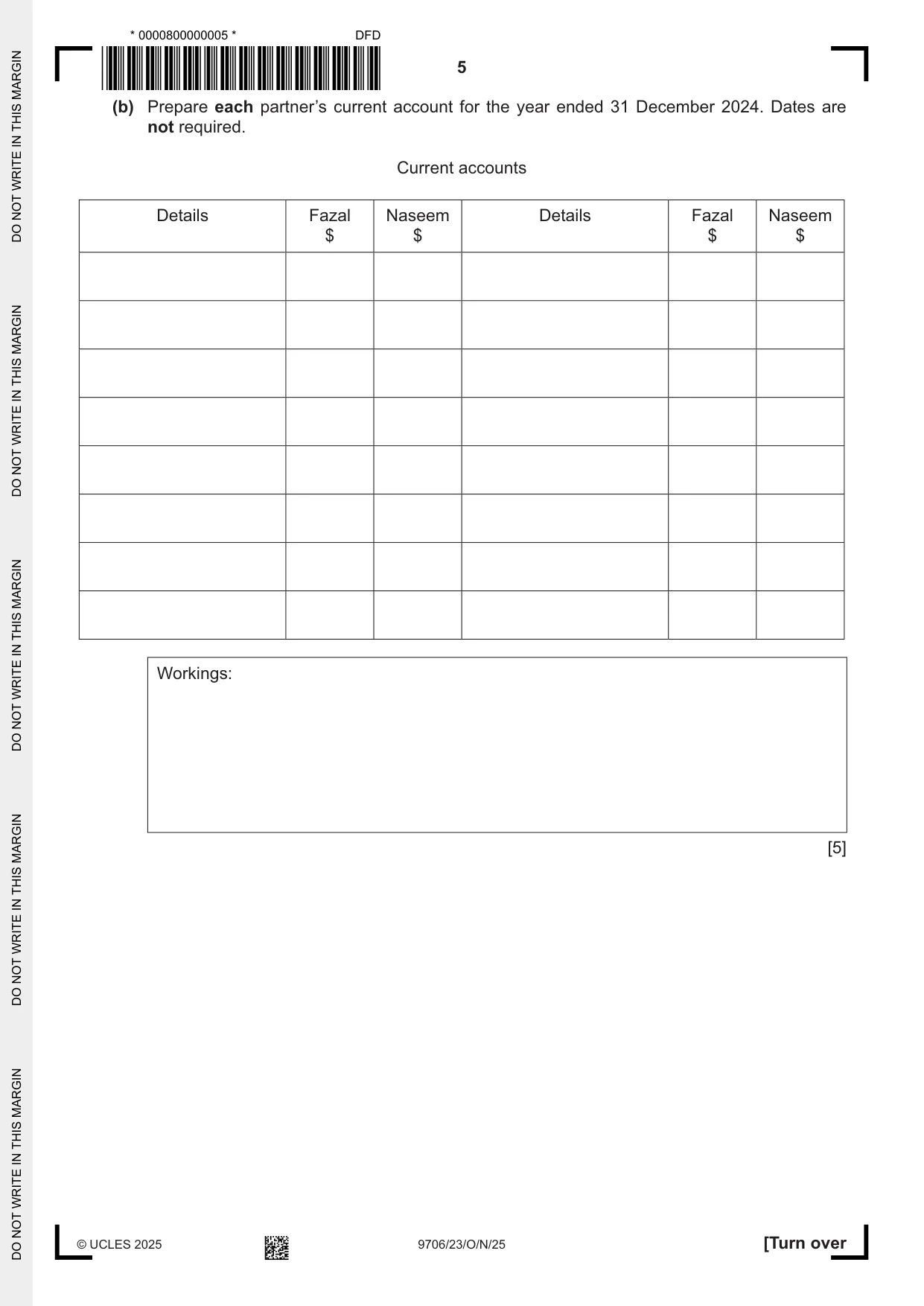 Cambridge A Level Accounting 9706 2025 Oct/Nov Paper 2 · Variant 3 question paper, page 5 of 20