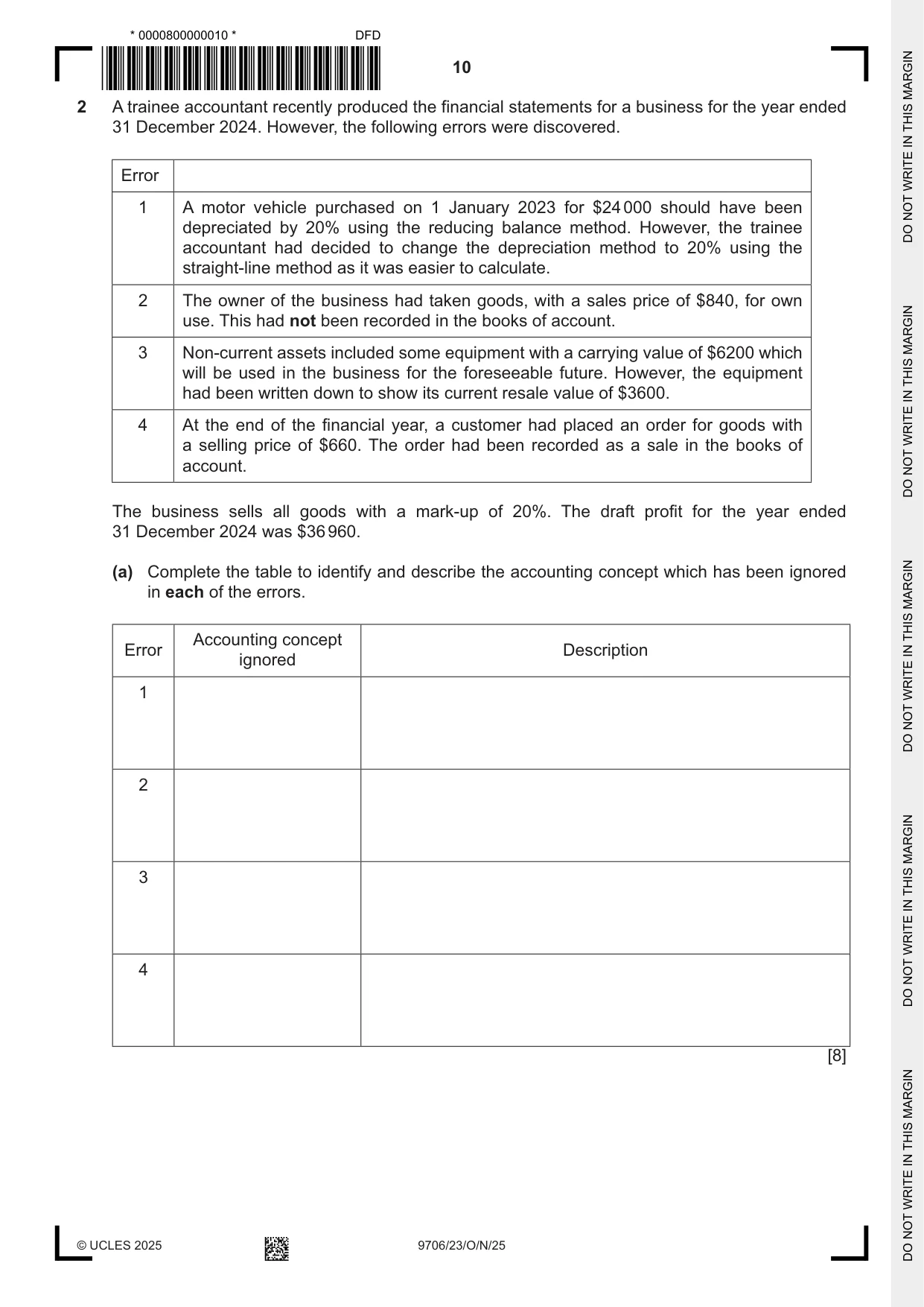 Cambridge A Level Accounting 9706 2025 Oct/Nov Paper 2 · Variant 3 question paper, page 10 of 20