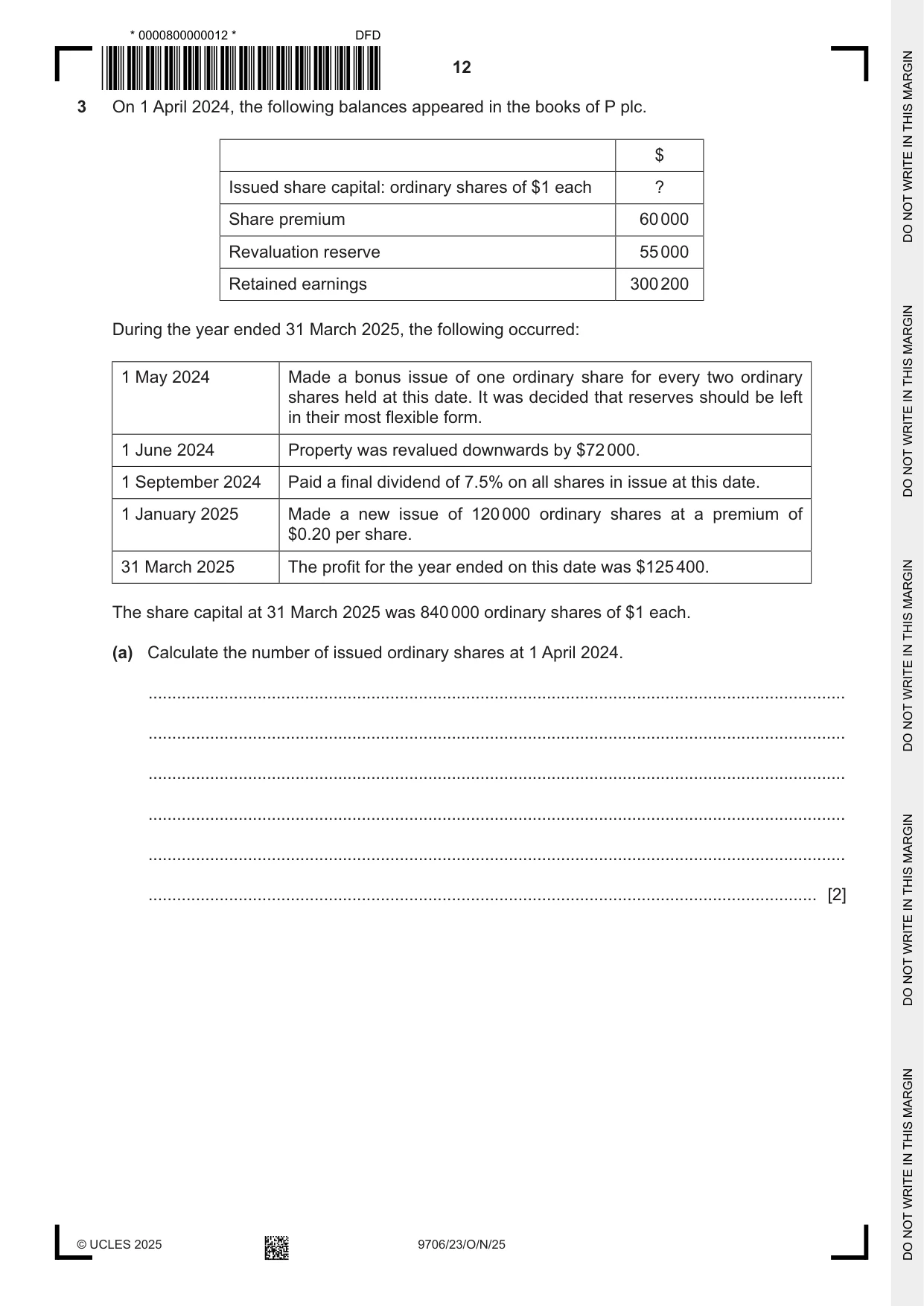 Cambridge A Level Accounting 9706 2025 Oct/Nov Paper 2 · Variant 3 question paper, page 12 of 20