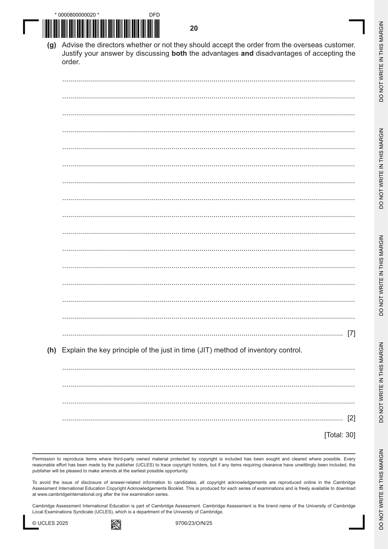 Cambridge A Level Accounting 9706 2025 Oct/Nov Paper 2 · Variant 3 question paper, page 20 of 20