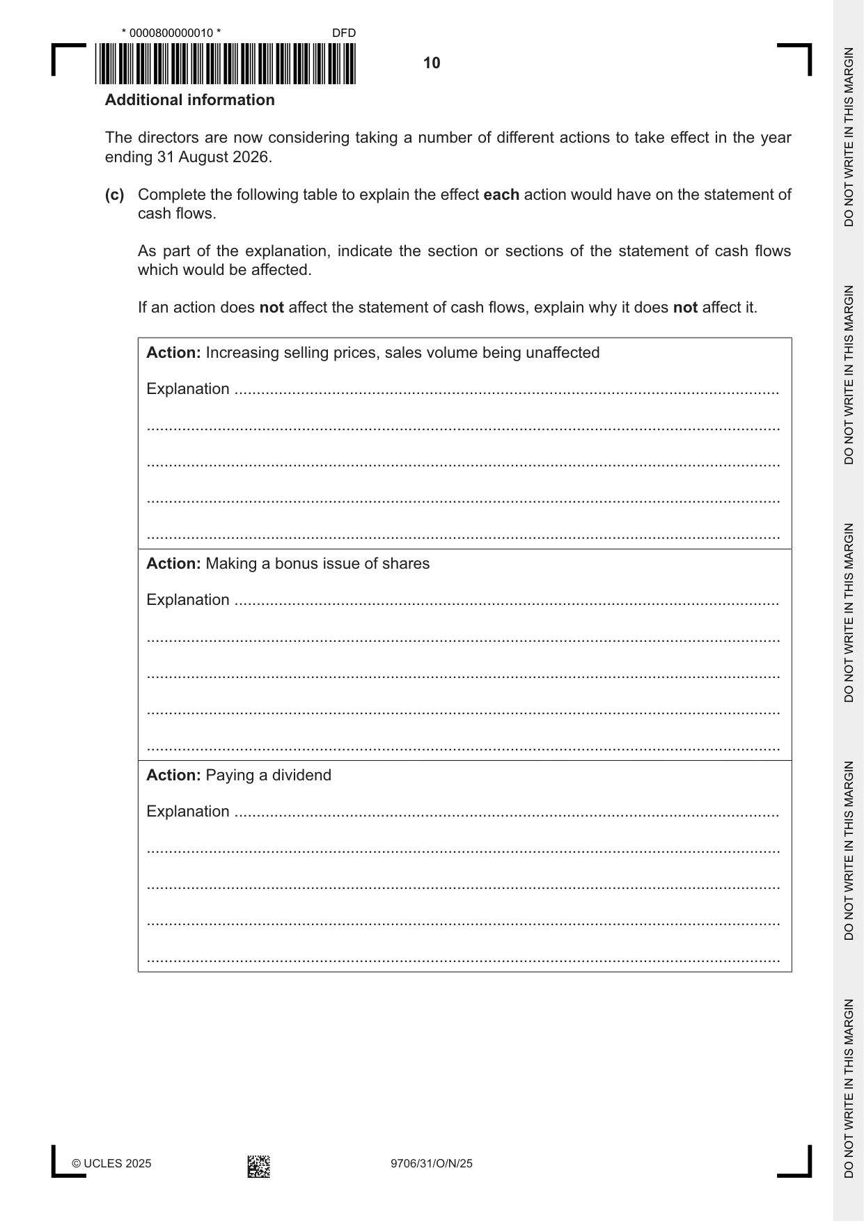 Cambridge A Level Accounting 9706 2025 Oct/Nov Paper 3 · Variant 1 question paper, page 10 of 12