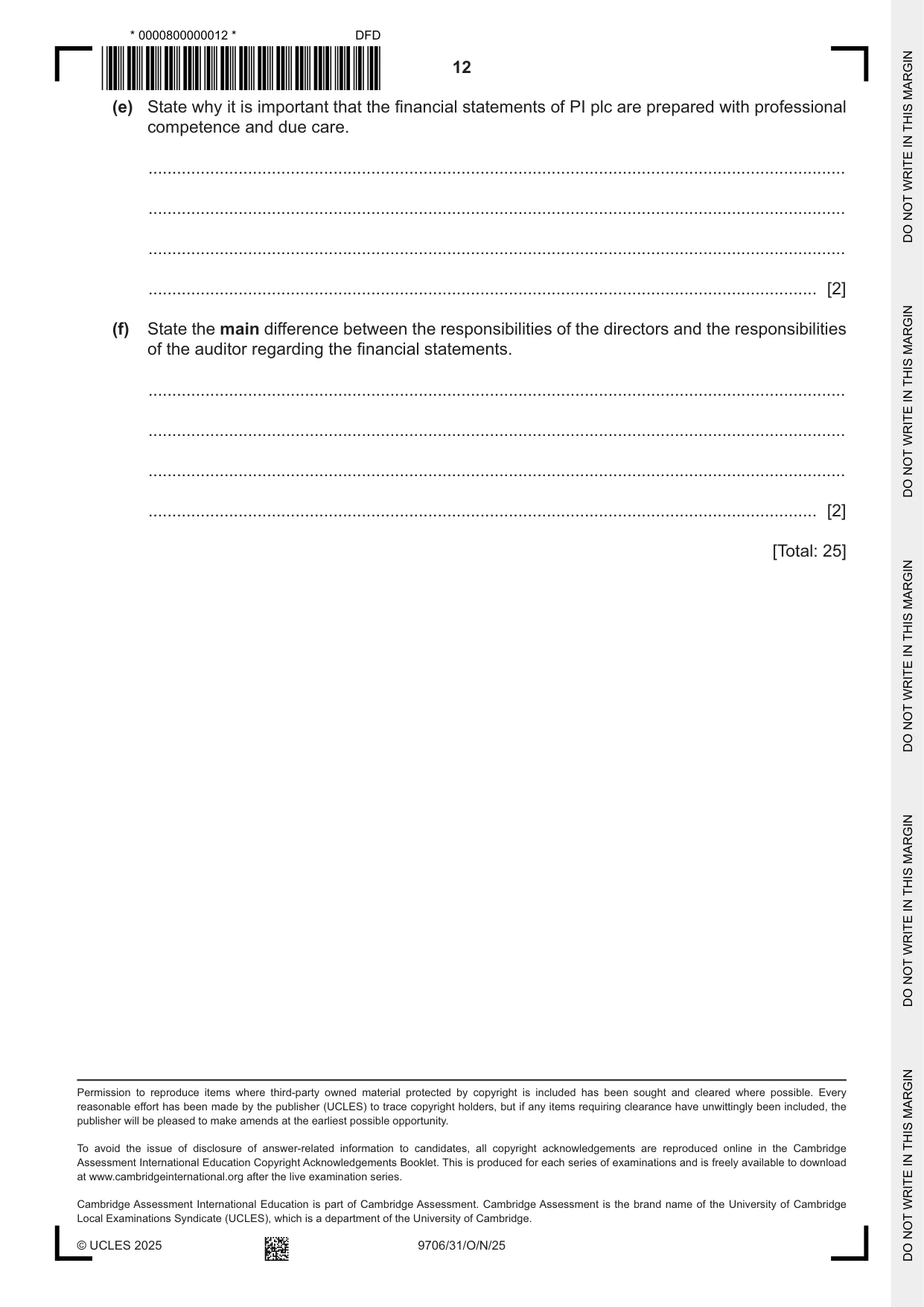 Cambridge A Level Accounting 9706 2025 Oct/Nov Paper 3 · Variant 1 question paper, page 12 of 12