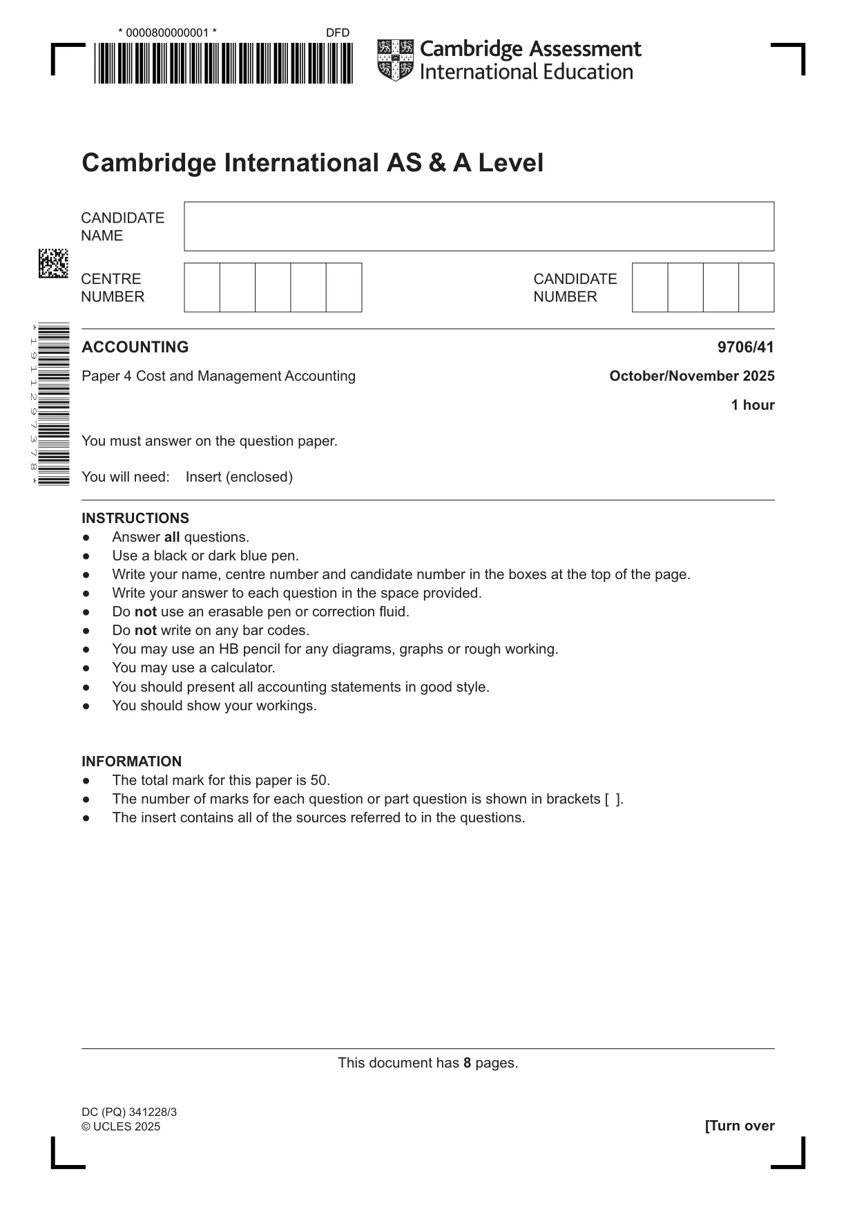 Cambridge A Level Accounting 9706 2025 Oct/Nov Paper 4 · Variant 1 question paper, page 1 of 8