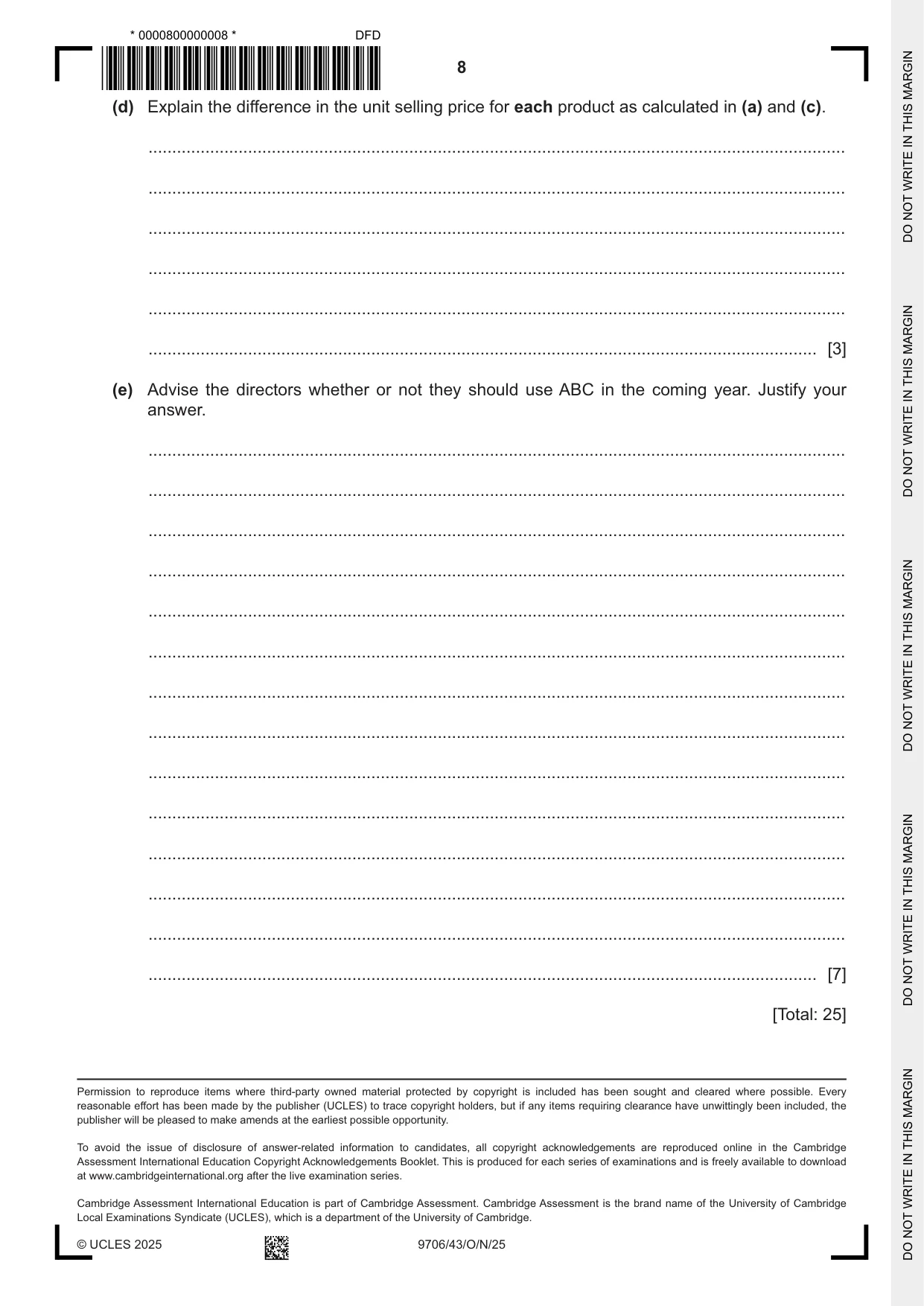 Cambridge A Level Accounting 9706 2025 Oct/Nov Paper 4 · Variant 3 question paper, page 8 of 8