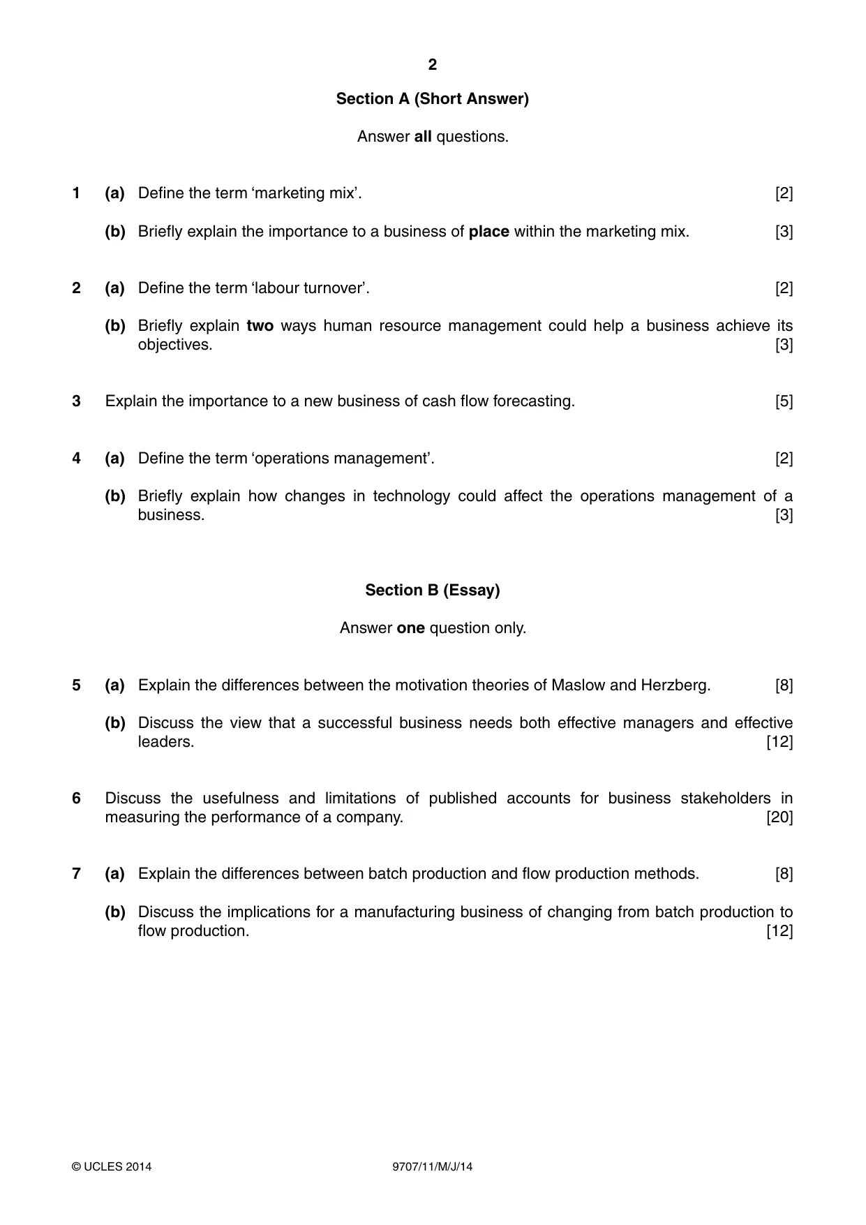 Cambridge A Level Business Studies (for final examination in 2015) 9707 2014 May/June Paper 1 · Variant 1 question paper, page 2 of 4