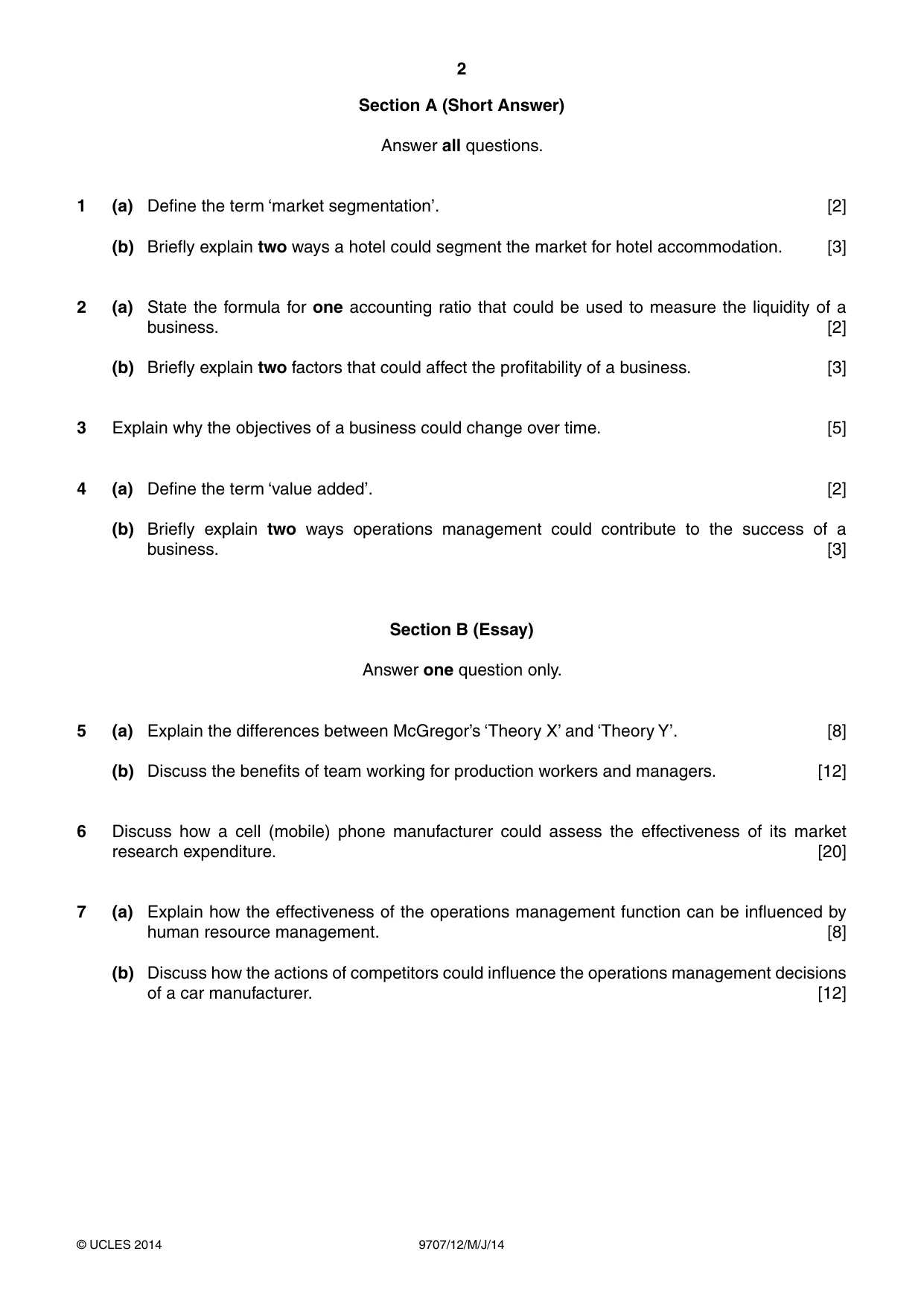 Cambridge A Level Business Studies (for final examination in 2015) 9707 2014 May/June Paper 1 · Variant 2 question paper, page 2 of 4