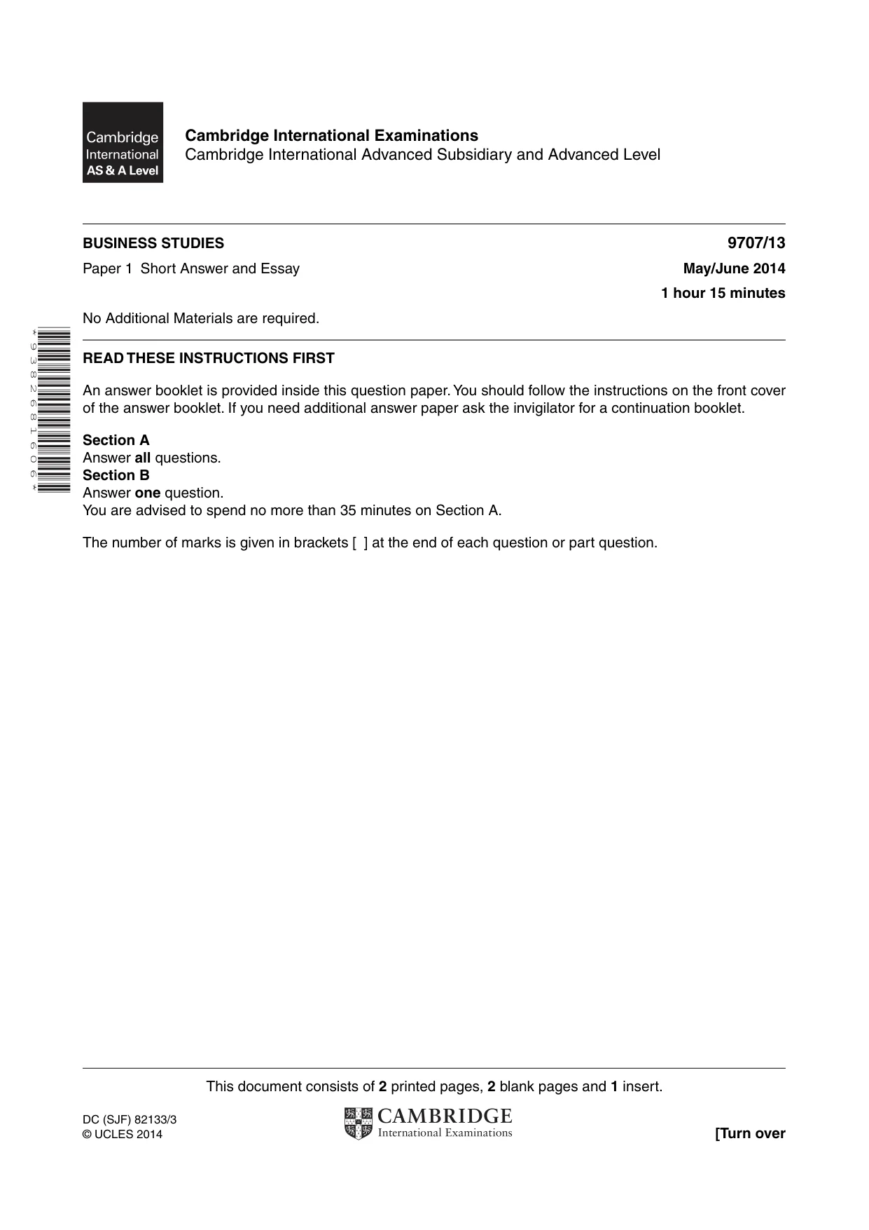 Cambridge A Level Business Studies (for final examination in 2015) 9707 2014 May/June Paper 1 · Variant 3 question paper, page 1 of 4