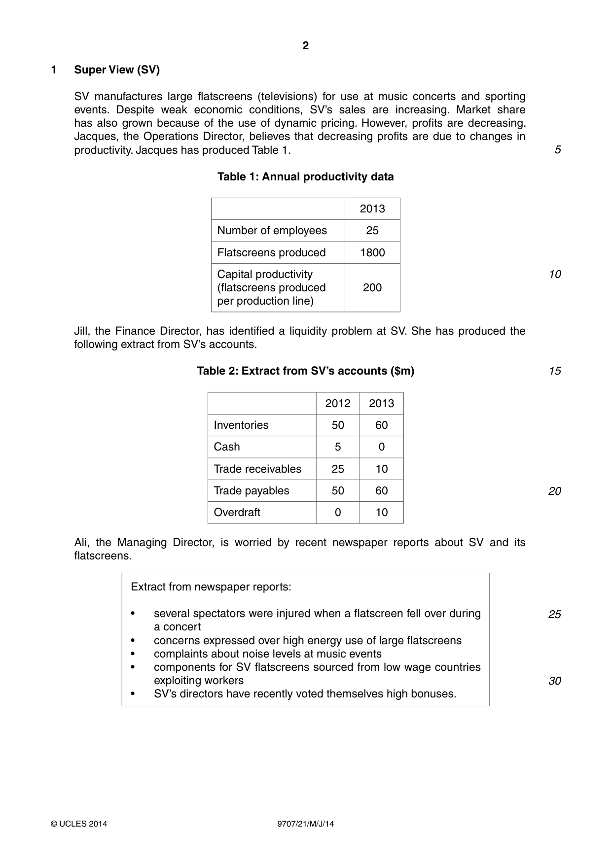 Cambridge A Level Business Studies (for final examination in 2015) 9707 2014 May/June Paper 2 · Variant 1 question paper, page 2 of 4