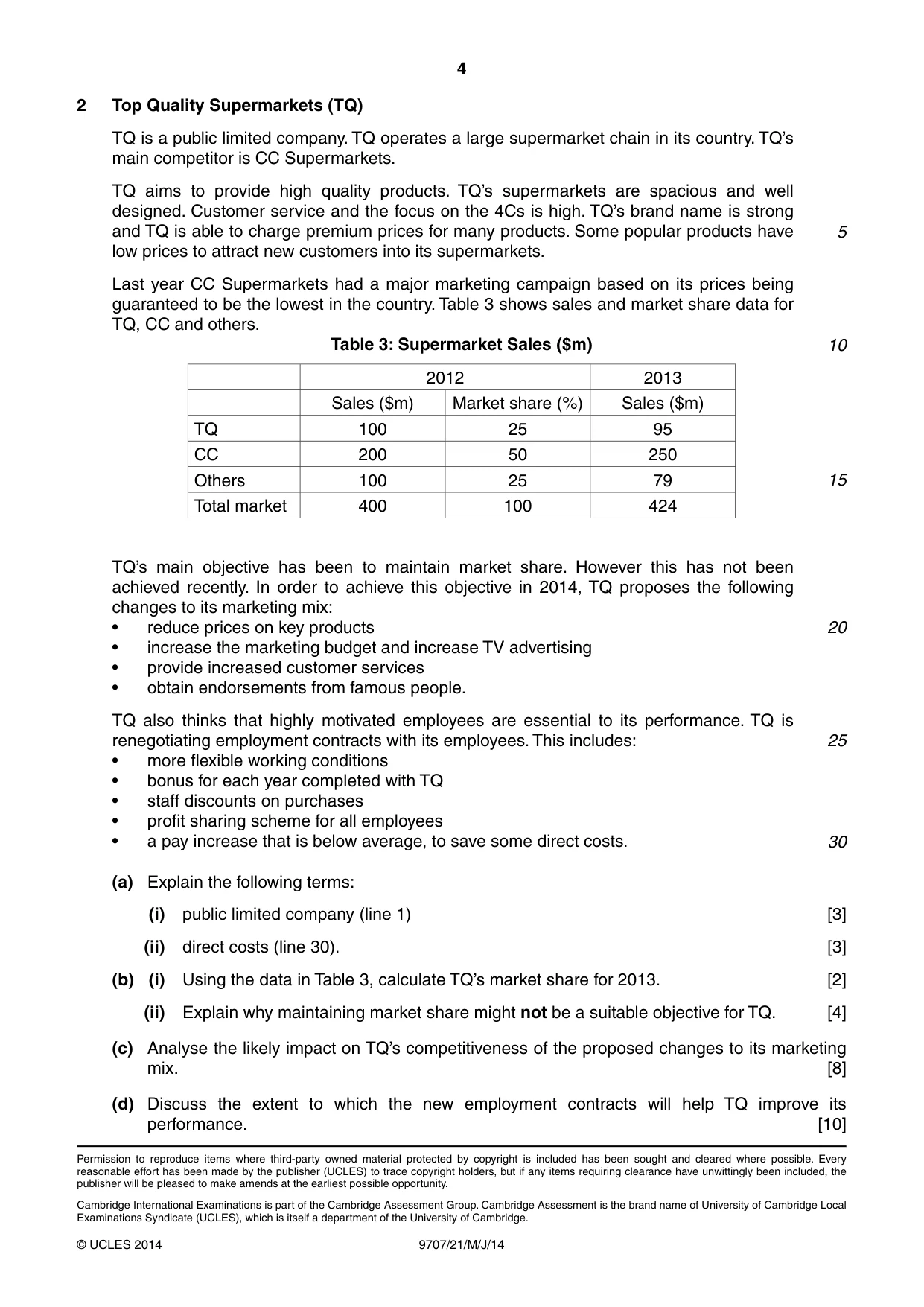 Cambridge A Level Business Studies (for final examination in 2015) 9707 2014 May/June Paper 2 · Variant 1 question paper, page 4 of 4