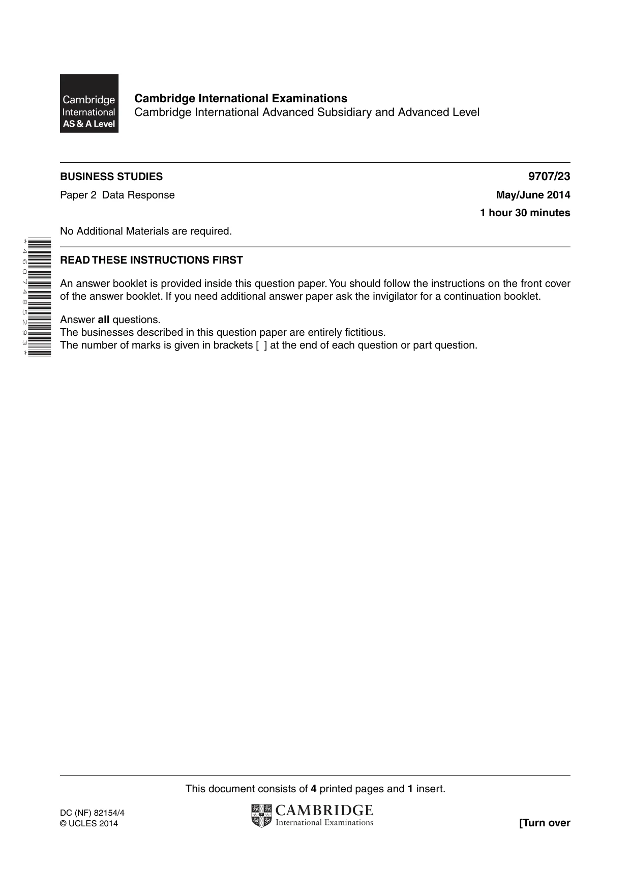 Cambridge A Level Business Studies (for final examination in 2015) 9707 2014 May/June Paper 2 · Variant 3 question paper, page 1 of 4
