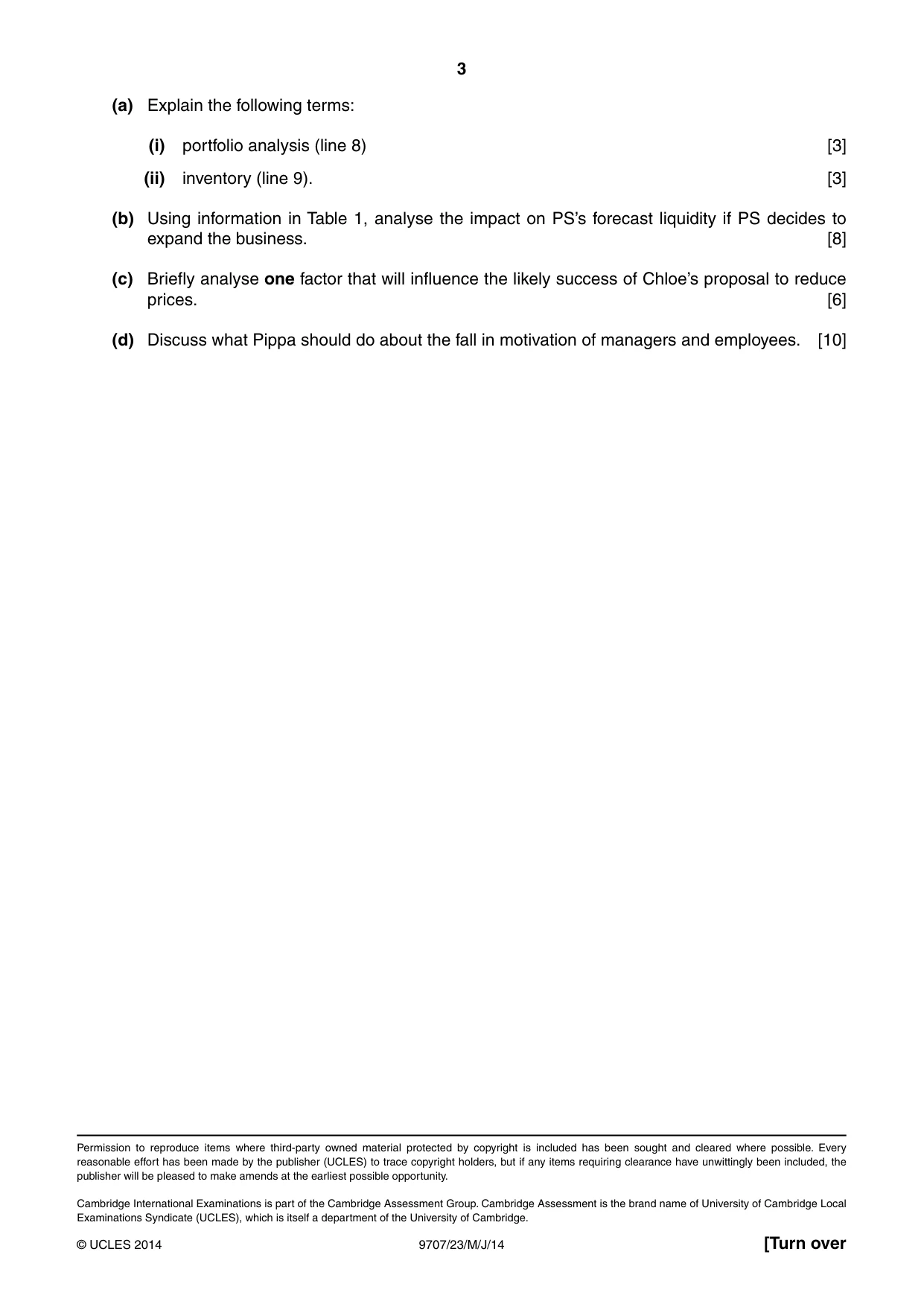 Cambridge A Level Business Studies (for final examination in 2015) 9707 2014 May/June Paper 2 · Variant 3 question paper, page 3 of 4