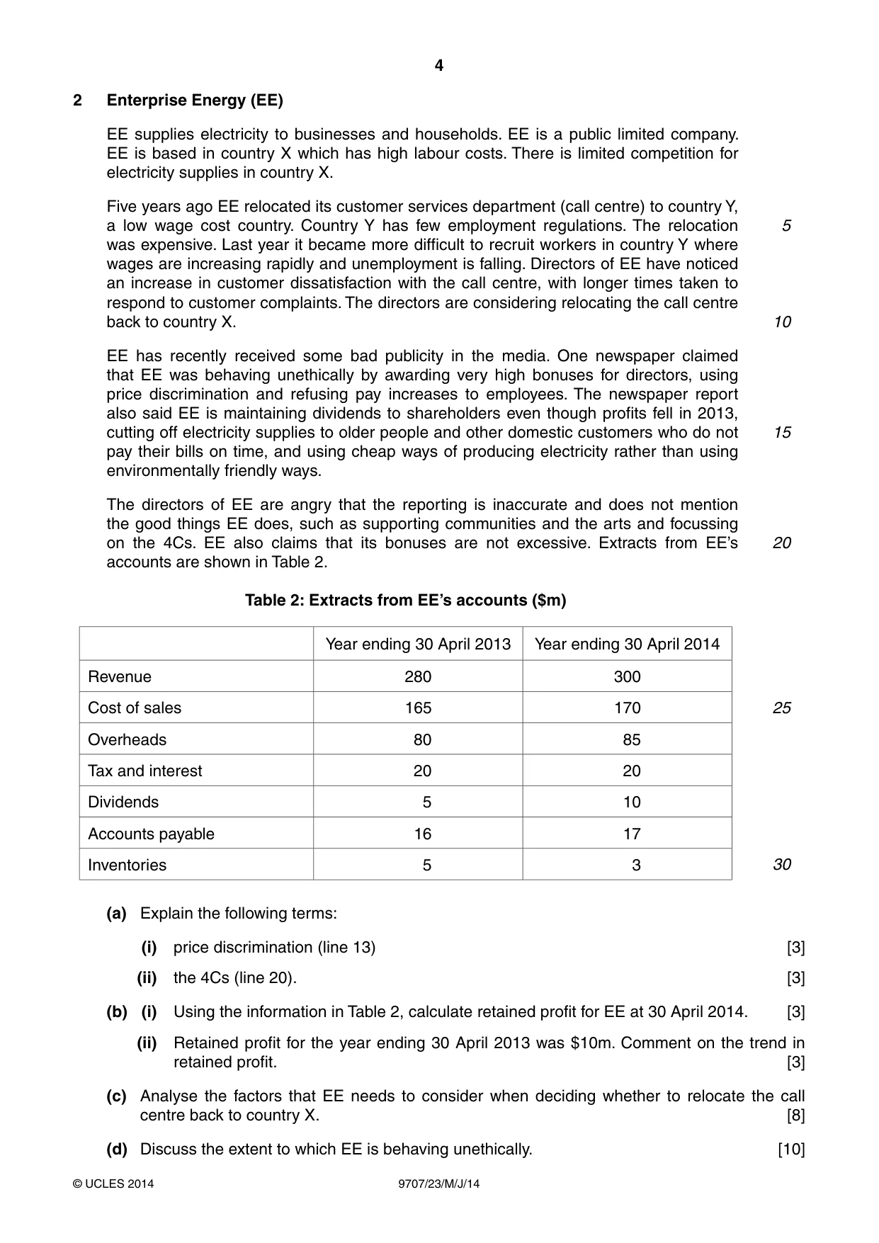 Cambridge A Level Business Studies (for final examination in 2015) 9707 2014 May/June Paper 2 · Variant 3 question paper, page 4 of 4