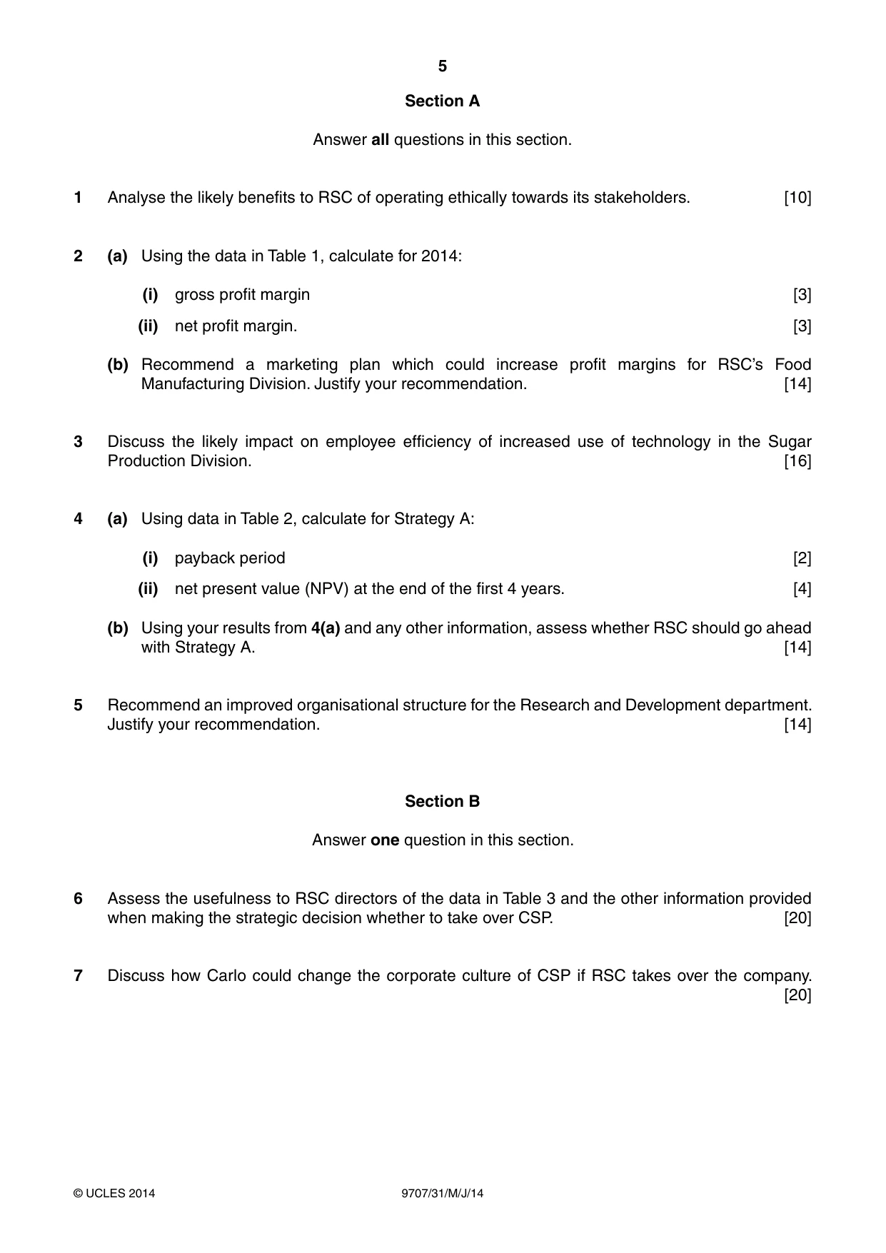 Cambridge A Level Business Studies (for final examination in 2015) 9707 2014 May/June Paper 3 · Variant 1 question paper, page 5 of 8