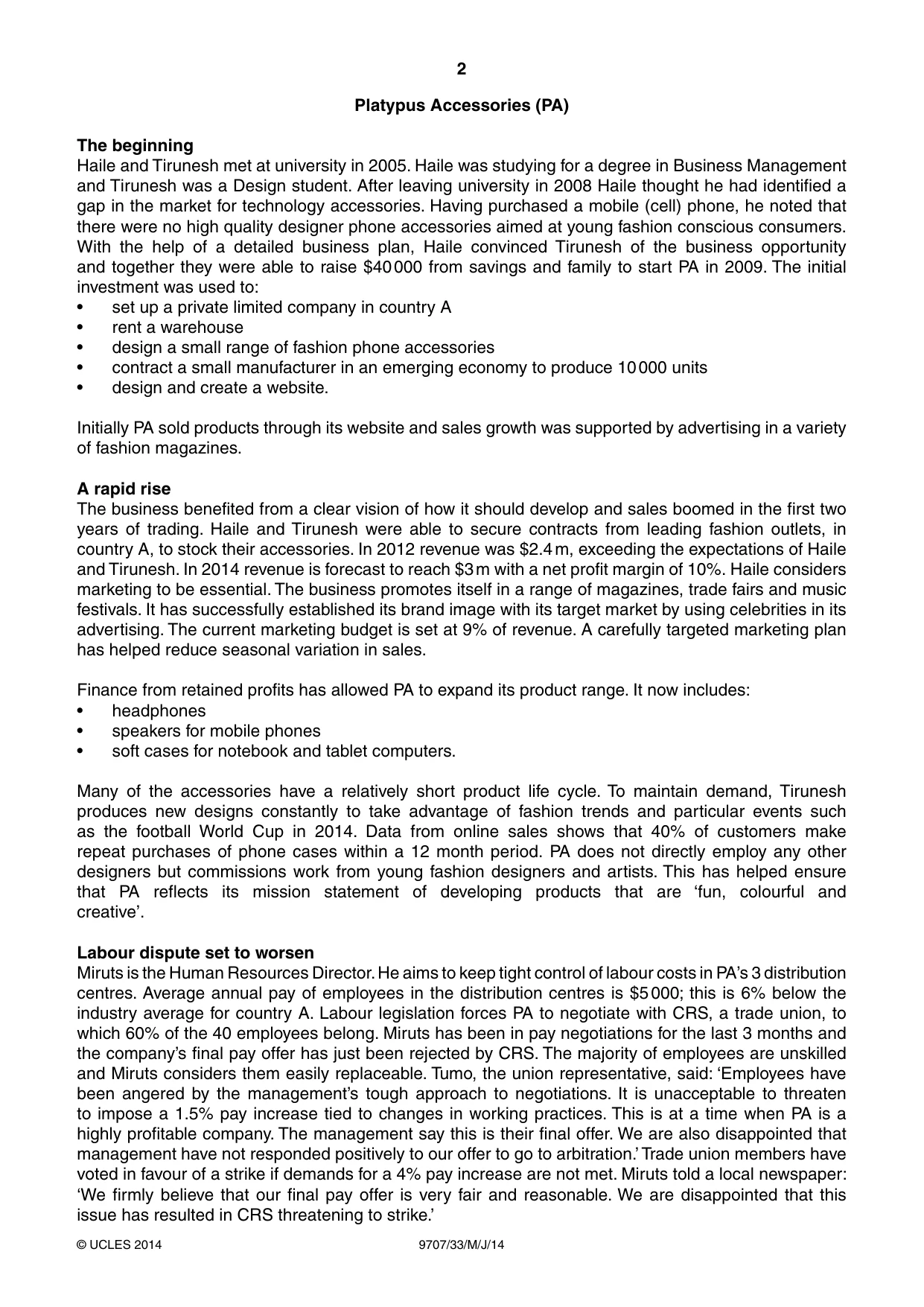 Cambridge A Level Business Studies (for final examination in 2015) 9707 2014 May/June Paper 3 · Variant 3 question paper, page 2 of 8