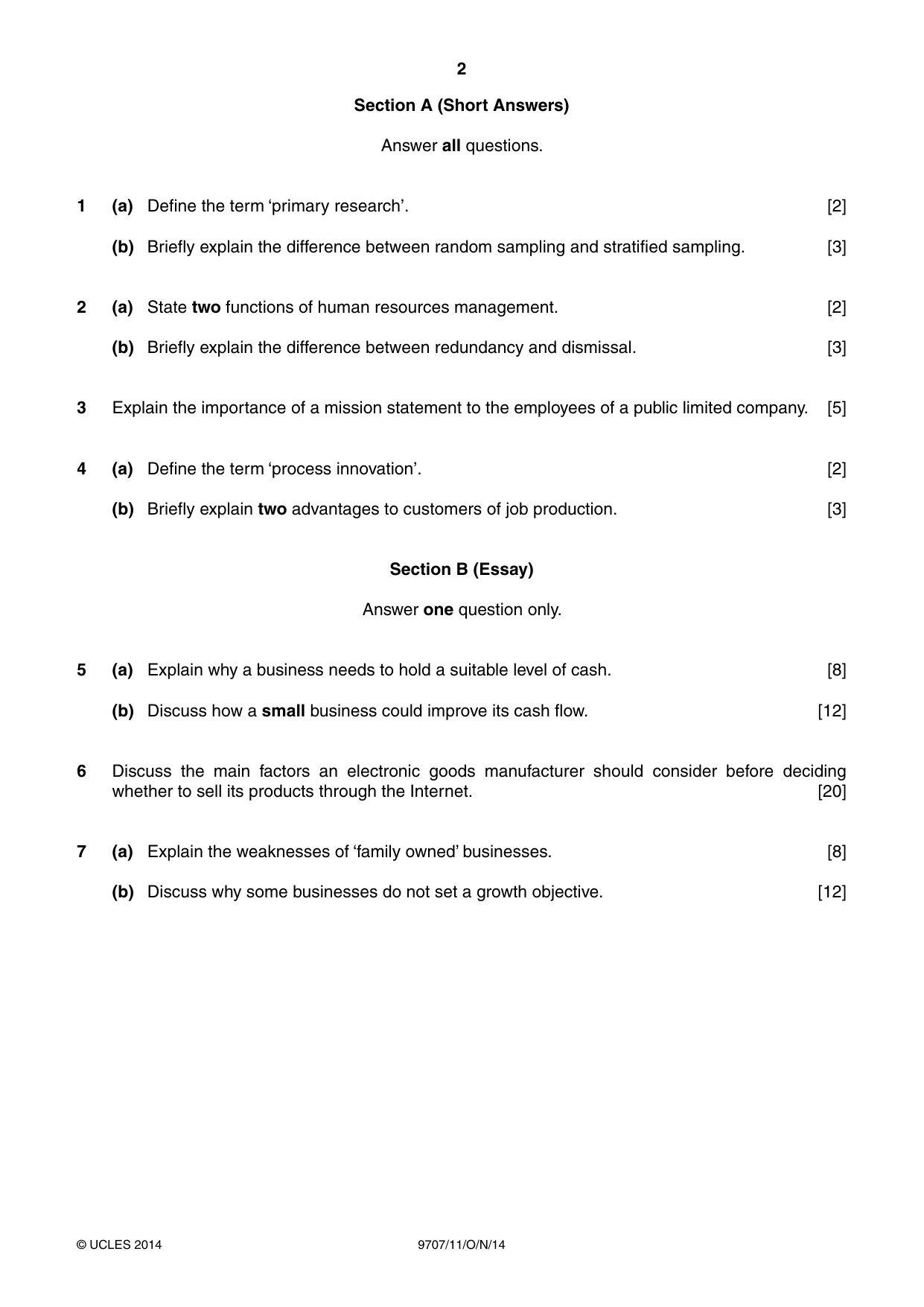 Cambridge A Level Business Studies (for final examination in 2015) 9707 2014 Oct/Nov Paper 1 · Variant 1 question paper, page 2 of 4