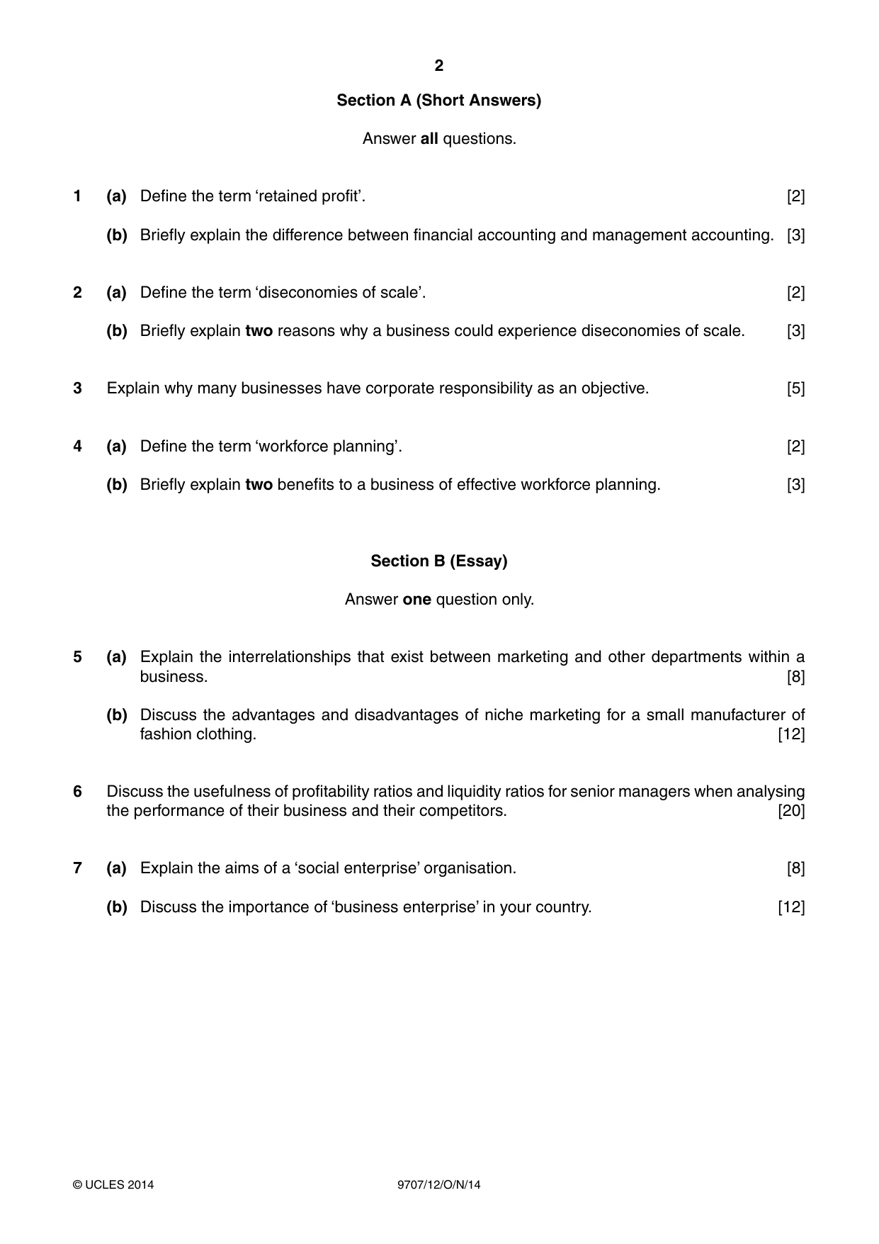 Cambridge A Level Business Studies (for final examination in 2015) 9707 2014 Oct/Nov Paper 1 · Variant 2 question paper, page 2 of 4
