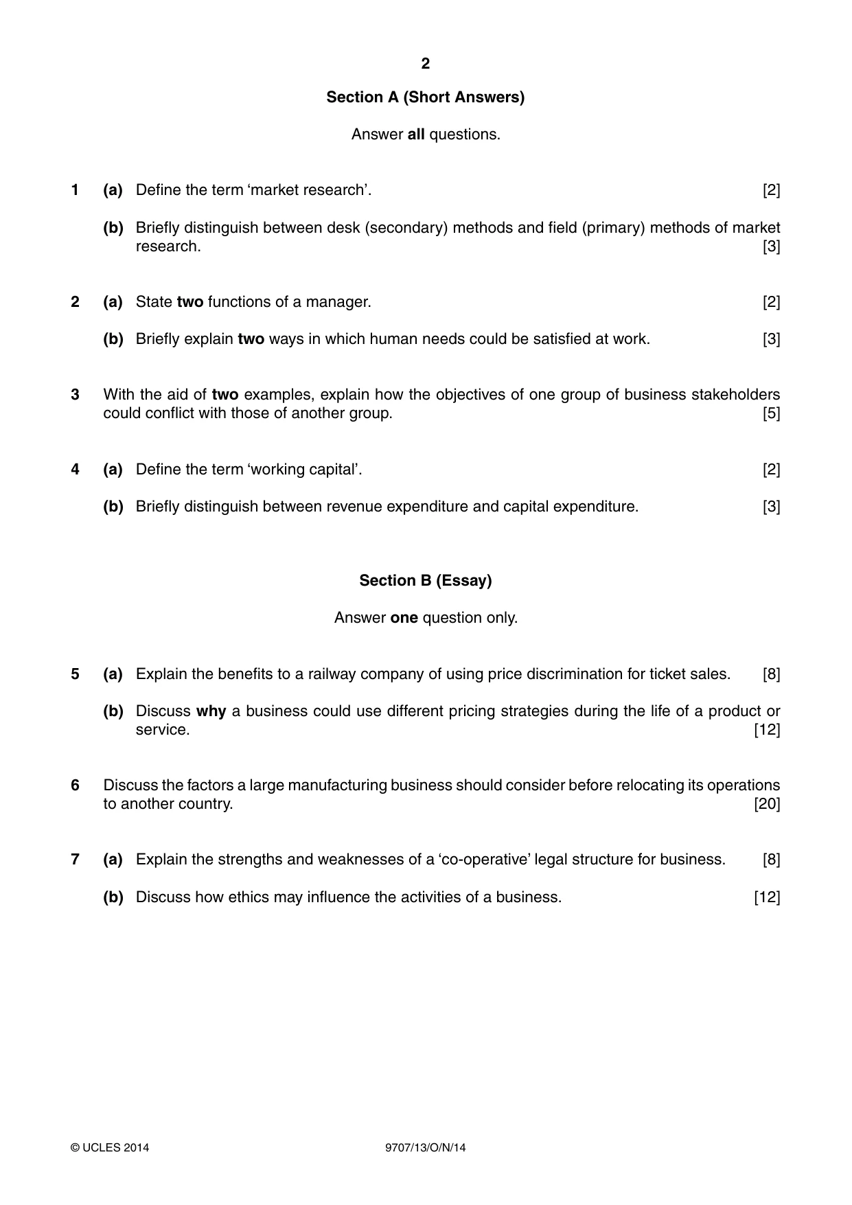 Cambridge A Level Business Studies (for final examination in 2015) 9707 2014 Oct/Nov Paper 1 · Variant 3 question paper, page 2 of 4