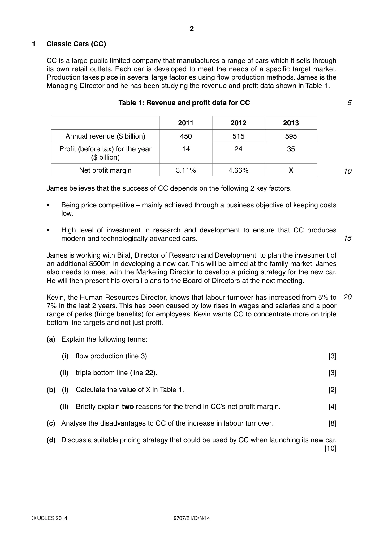 Cambridge A Level Business Studies (for final examination in 2015) 9707 2014 Oct/Nov Paper 2 · Variant 1 question paper, page 2 of 4