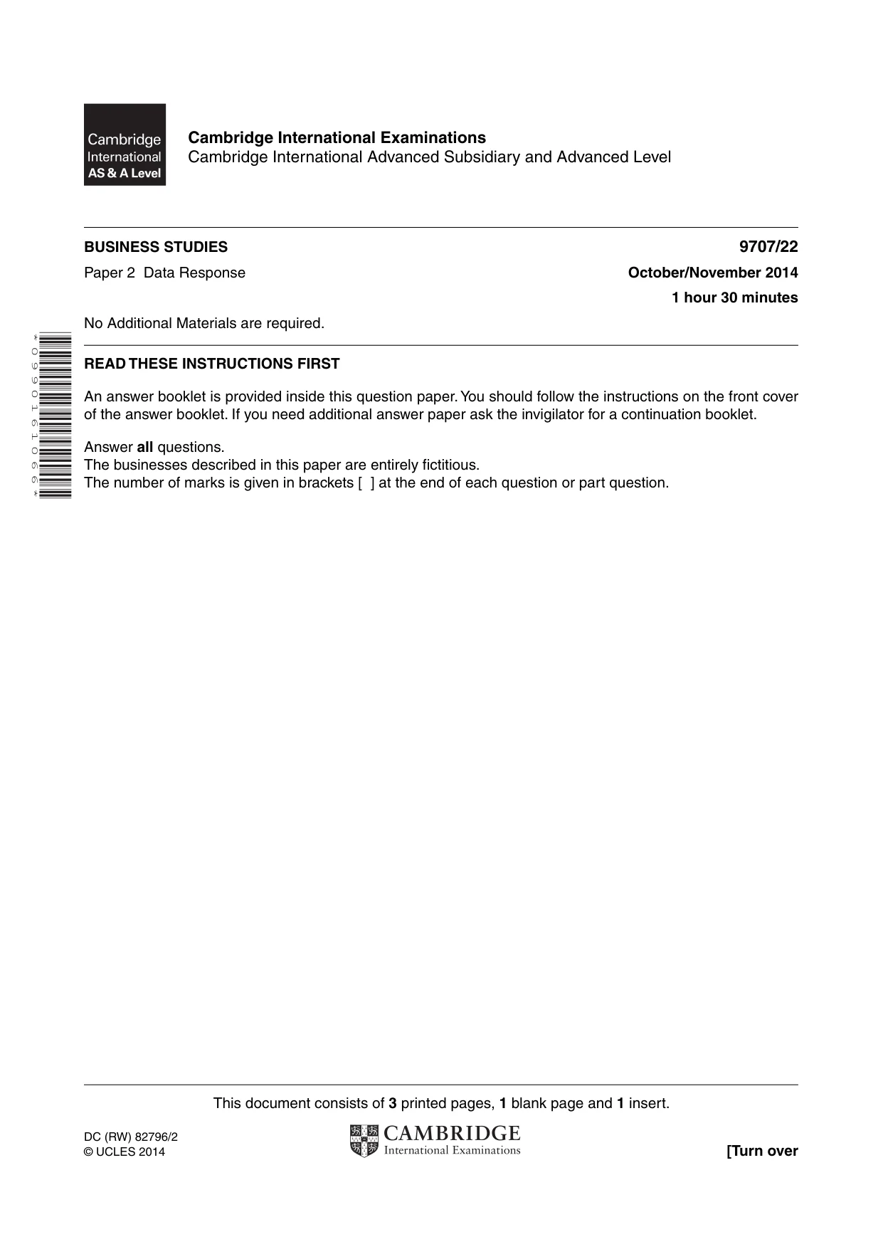 Cambridge A Level Business Studies (for final examination in 2015) 9707 2014 Oct/Nov Paper 2 · Variant 2 question paper, page 1 of 4