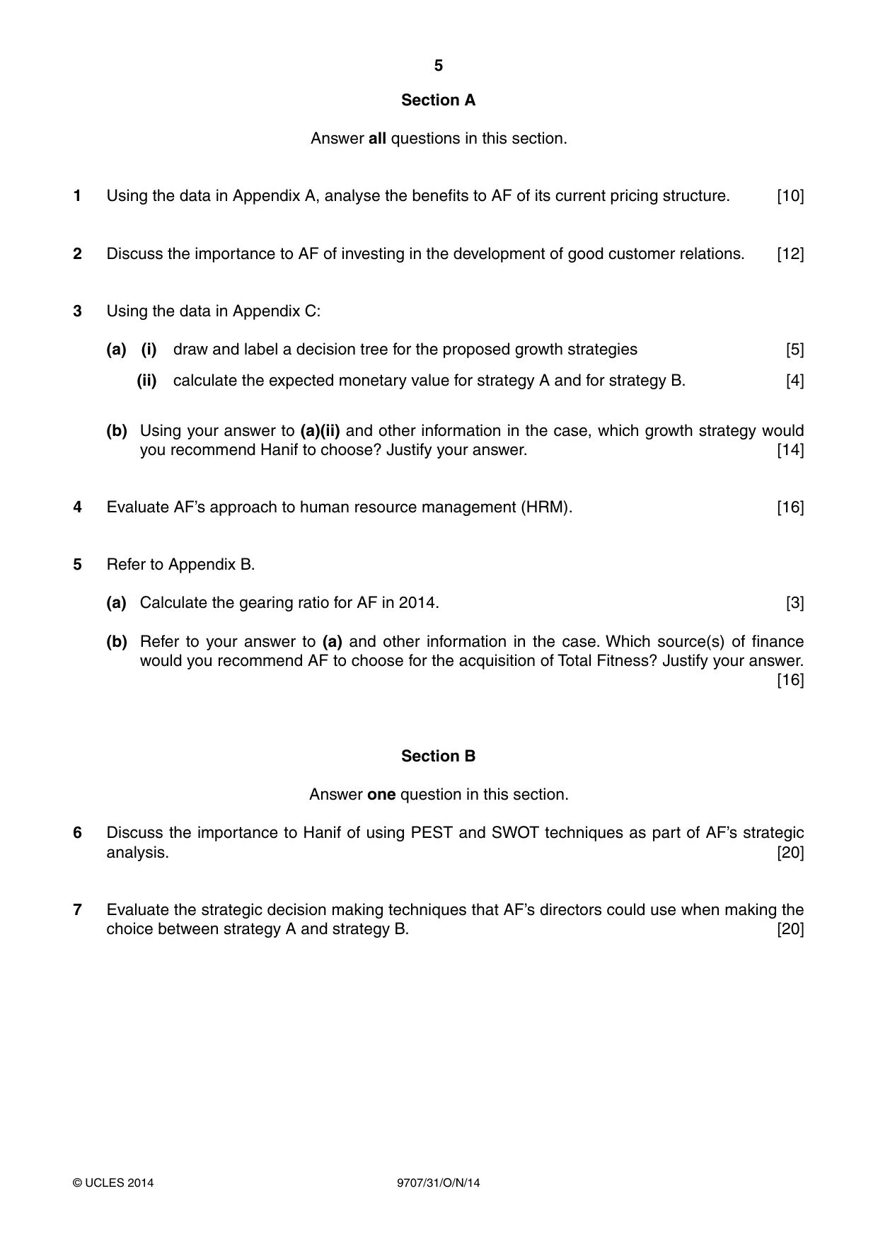Cambridge A Level Business Studies (for final examination in 2015) 9707 2014 Oct/Nov Paper 3 · Variant 1 question paper, page 5 of 8