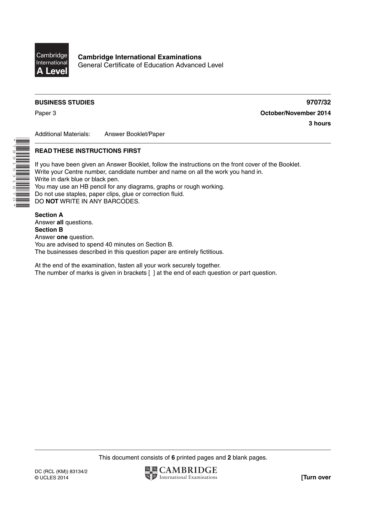 Cambridge A Level Business Studies (for final examination in 2015) 9707 2014 Oct/Nov Paper 3 · Variant 2 question paper, page 1 of 8