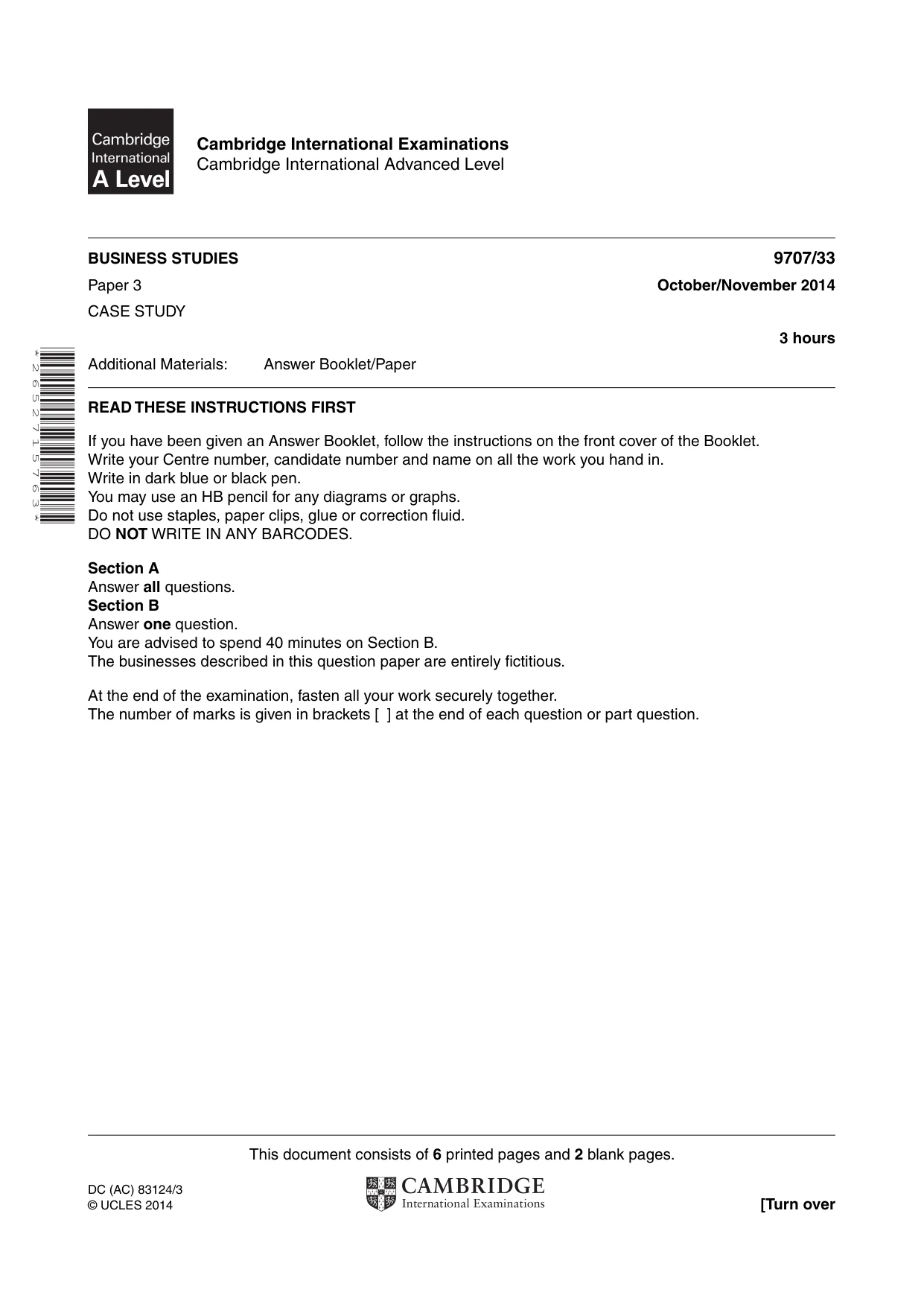 Cambridge A Level Business Studies (for final examination in 2015) 9707 2014 Oct/Nov Paper 3 · Variant 3 question paper, page 1 of 8