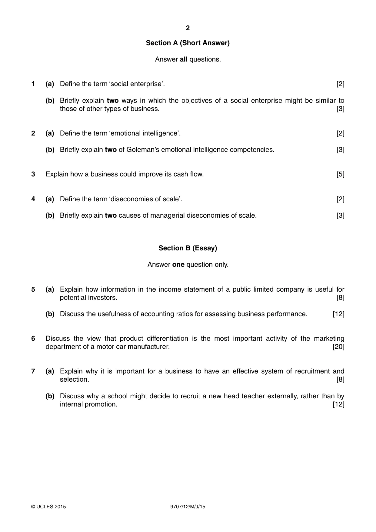 Cambridge A Level Business Studies (for final examination in 2015) 9707 2015 May/June Paper 1 · Variant 2 question paper, page 2 of 4