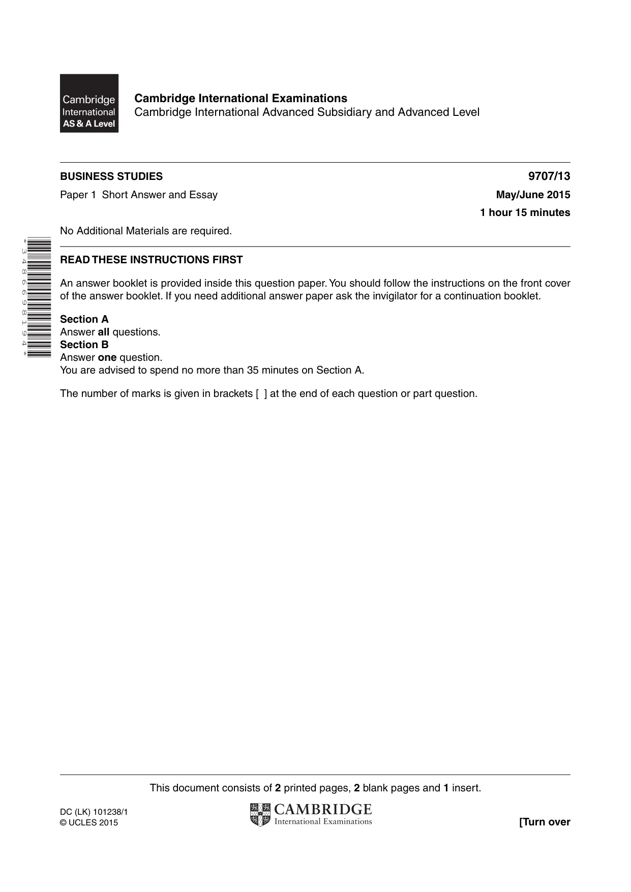 Cambridge A Level Business Studies (for final examination in 2015) 9707 2015 May/June Paper 1 · Variant 3 question paper, page 1 of 4