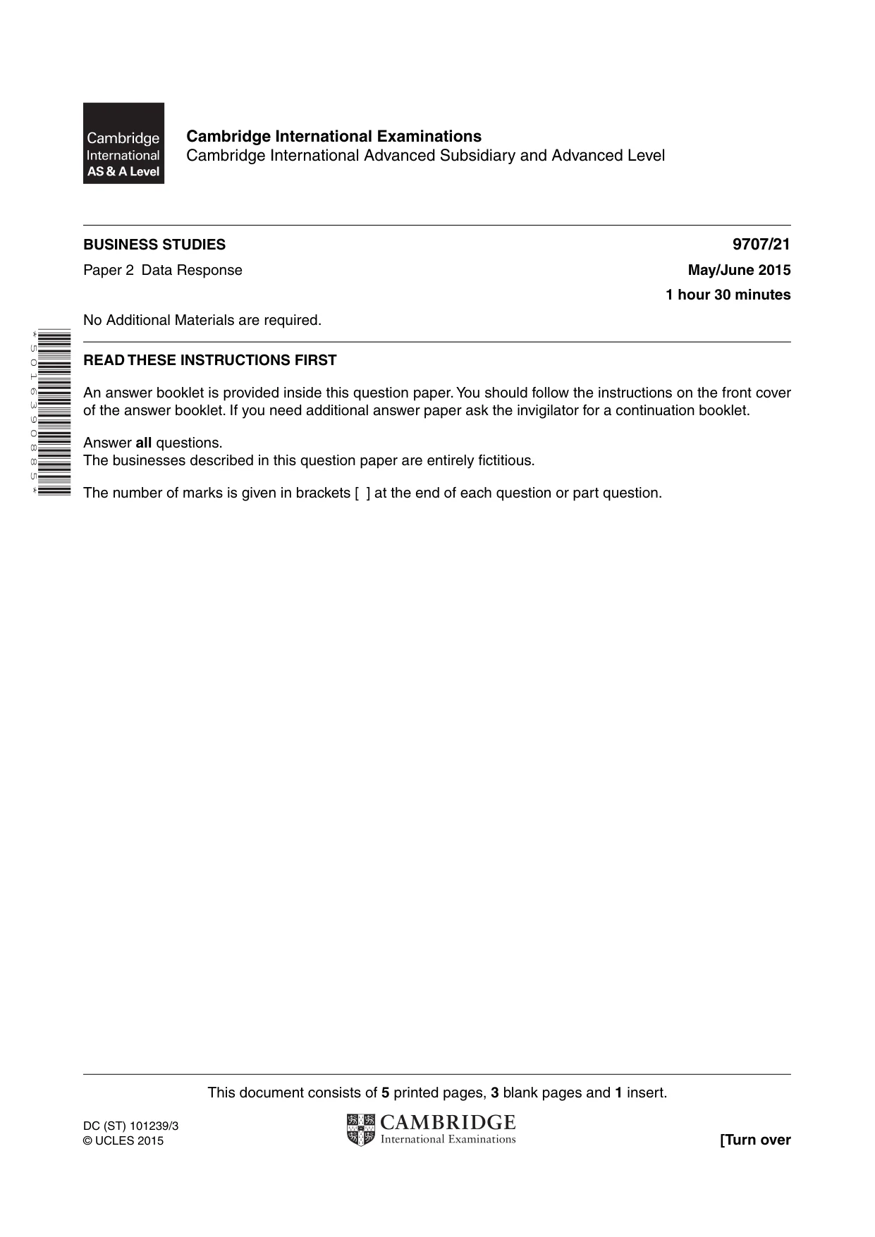 Cambridge A Level Business Studies (for final examination in 2015) 9707 2015 May/June Paper 2 · Variant 1 question paper, page 1 of 8