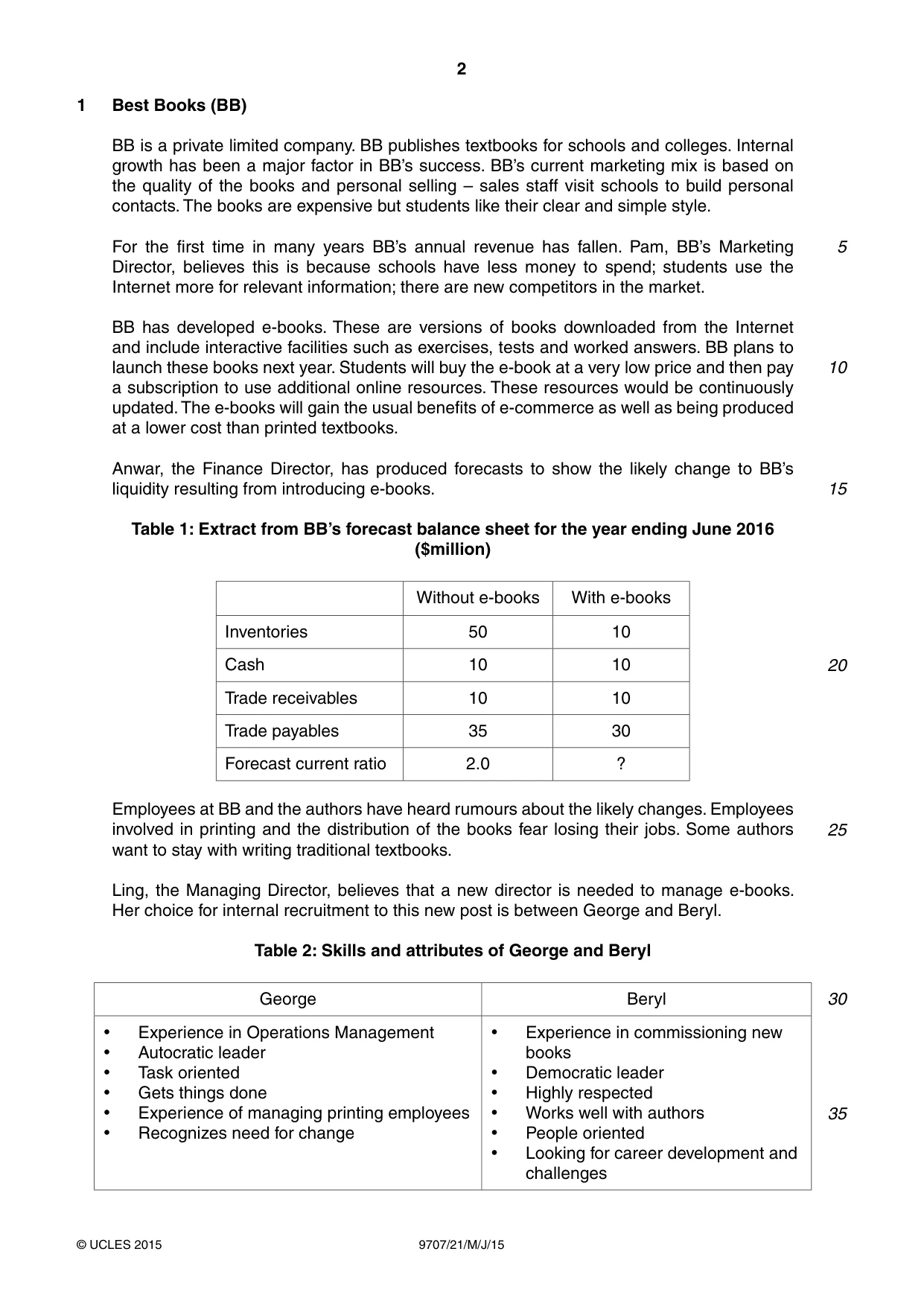 Cambridge A Level Business Studies (for final examination in 2015) 9707 2015 May/June Paper 2 · Variant 1 question paper, page 2 of 8