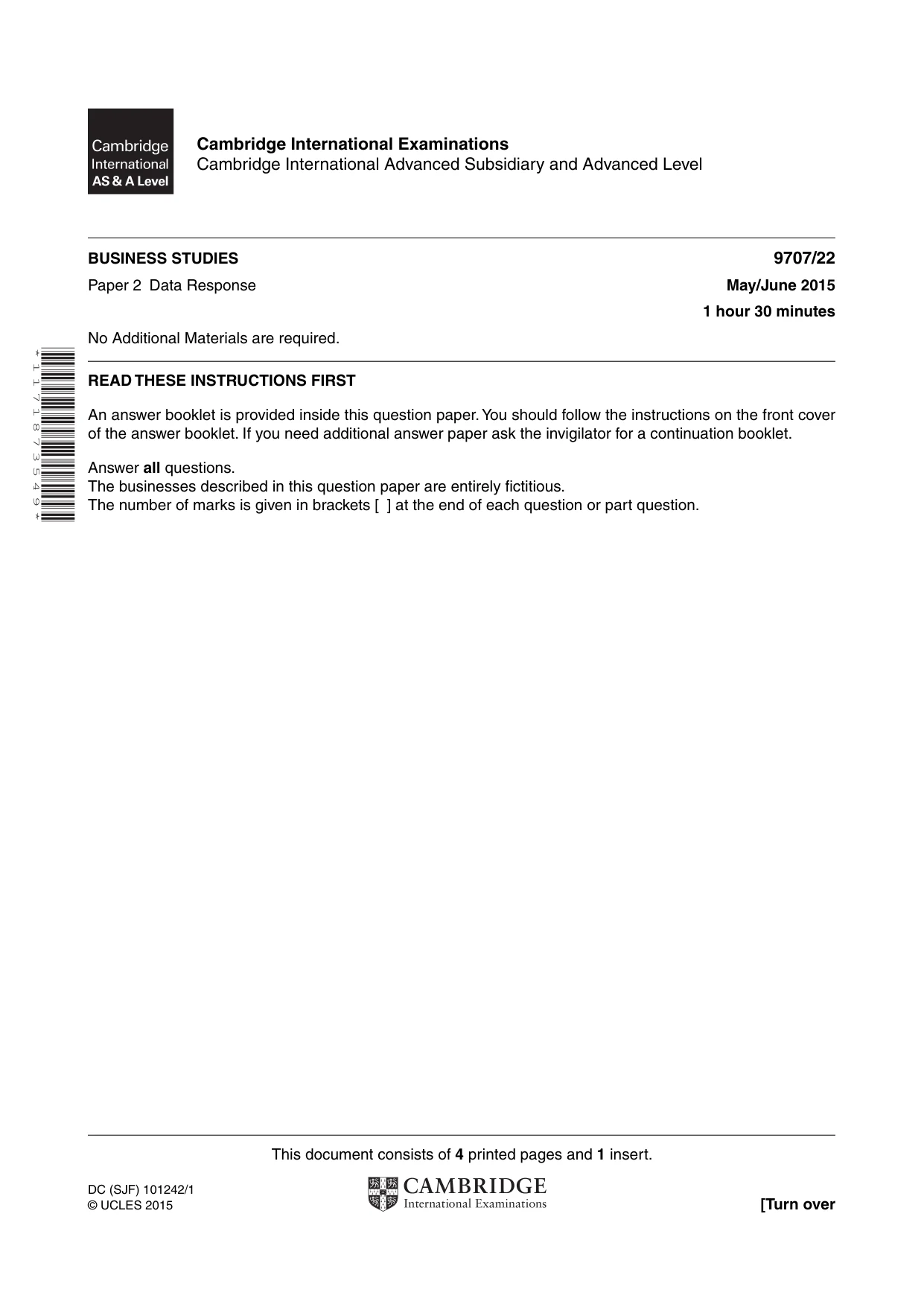 Cambridge A Level Business Studies (for final examination in 2015) 9707 2015 May/June Paper 2 · Variant 2 question paper, page 1 of 4